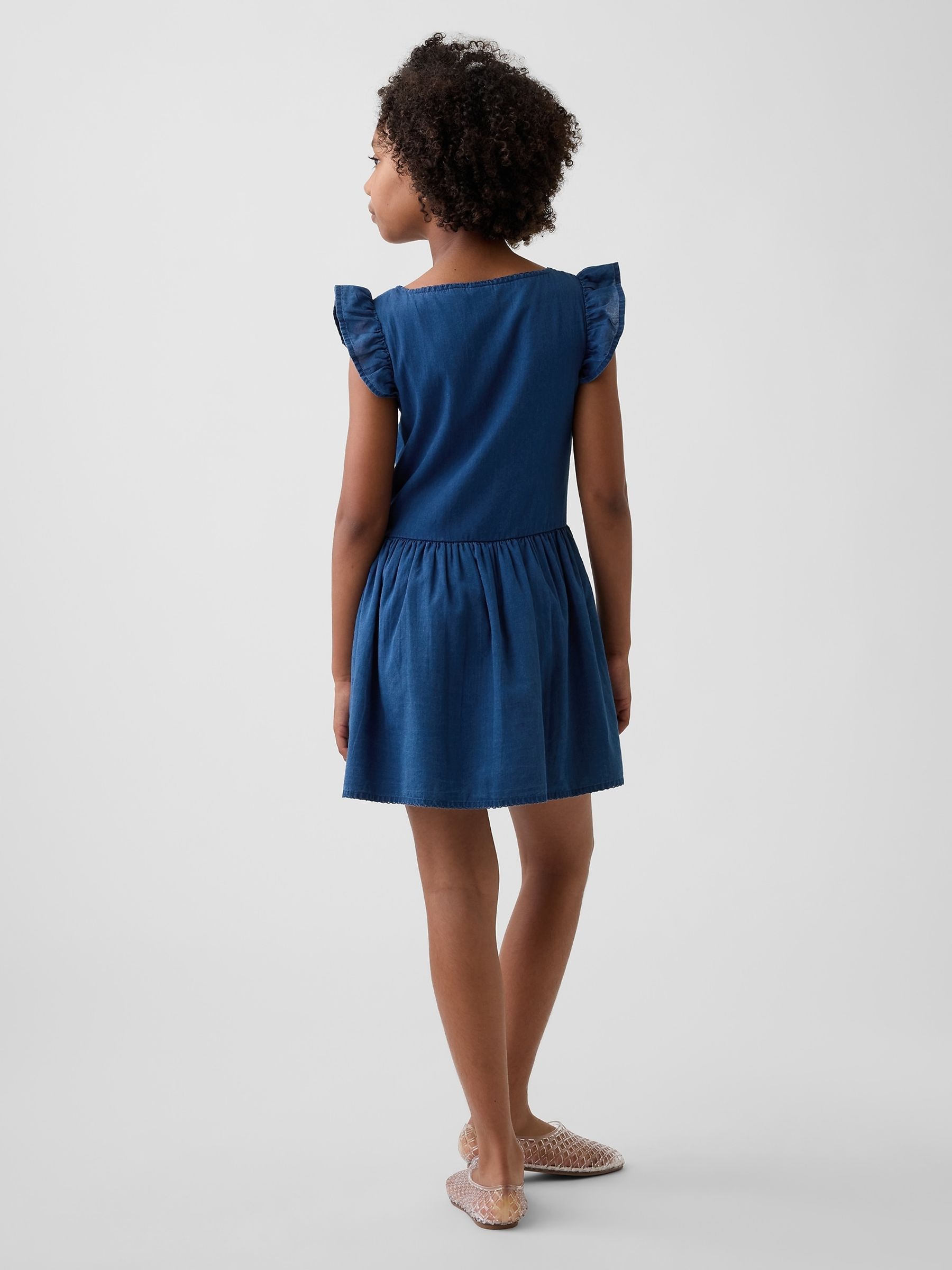 Blue Flutter-Sleeve Lace-Trim Dress - Image 2 of 4