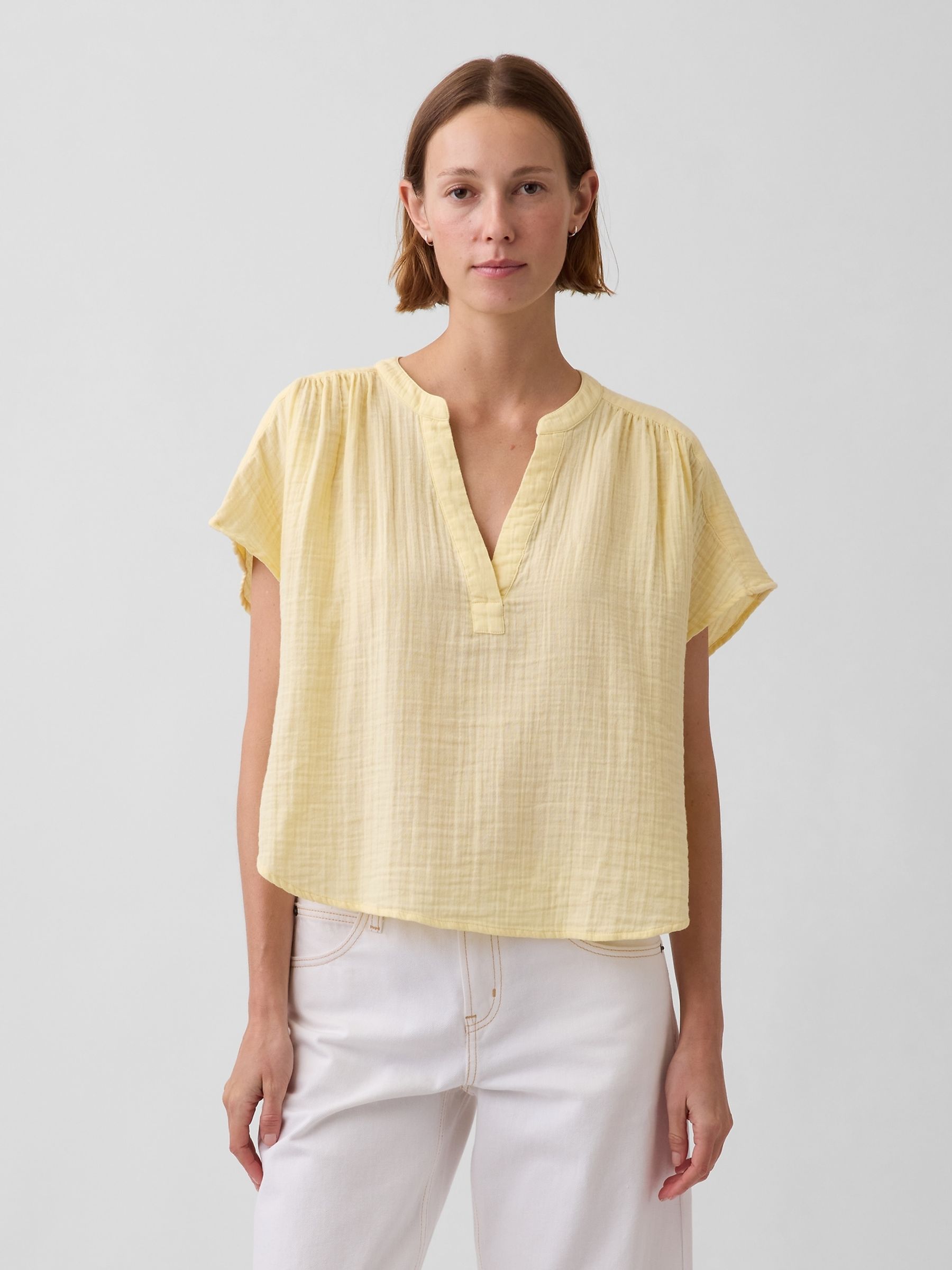 Yellow Gauze Oversized Split-Neck Top - Image 1 of 4