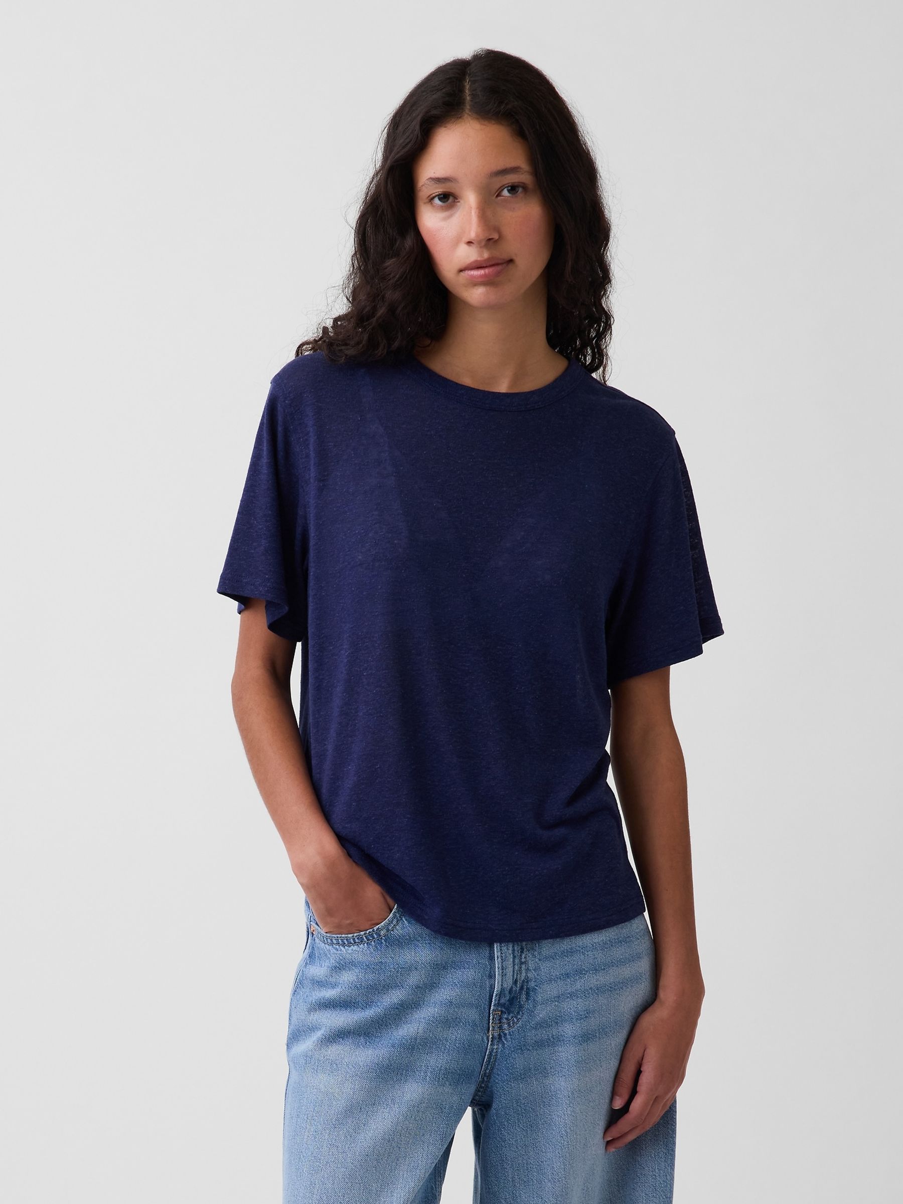 Navy Linen-Blend Relaxed Short Sleeve T-Shirt - Image 1 of 4