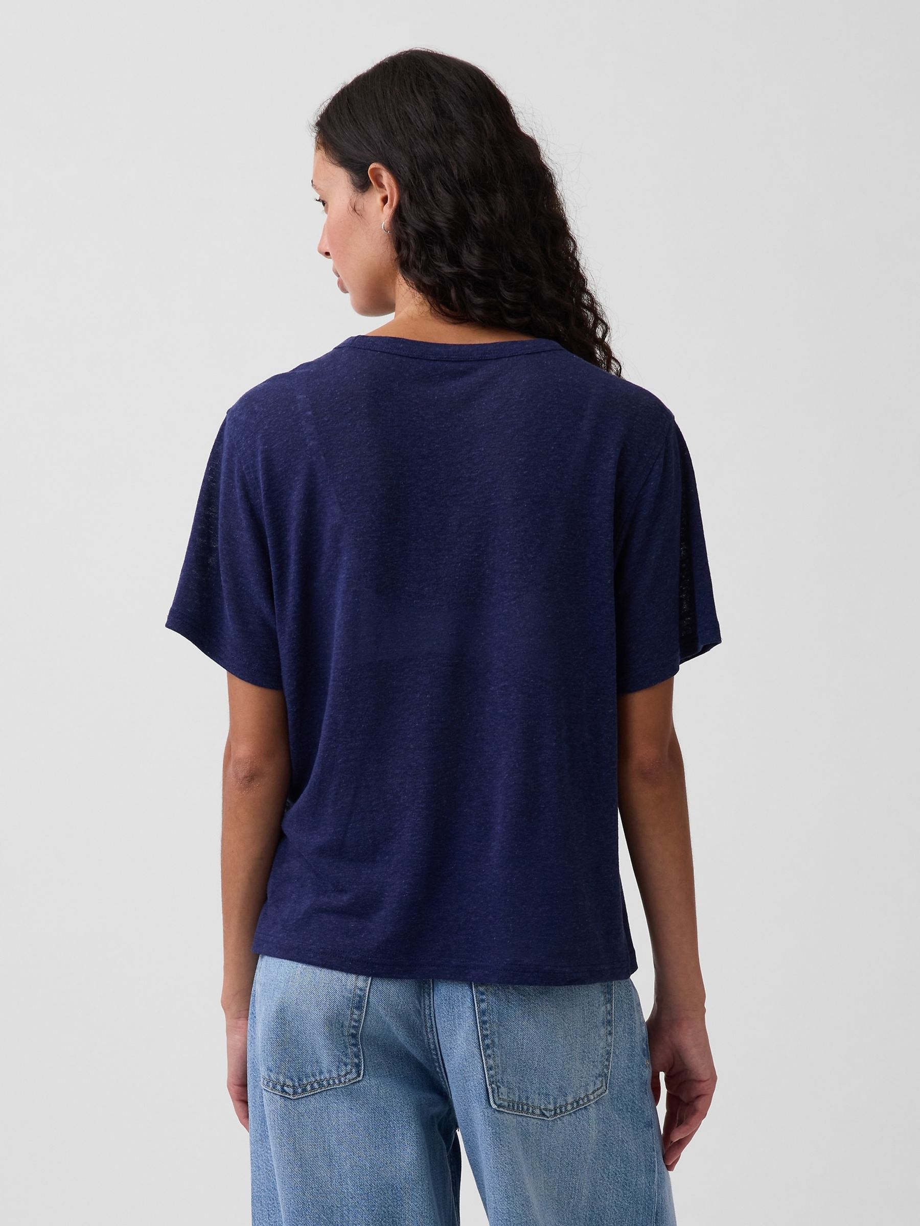 Navy Linen-Blend Relaxed Short Sleeve T-Shirt - Image 2 of 4