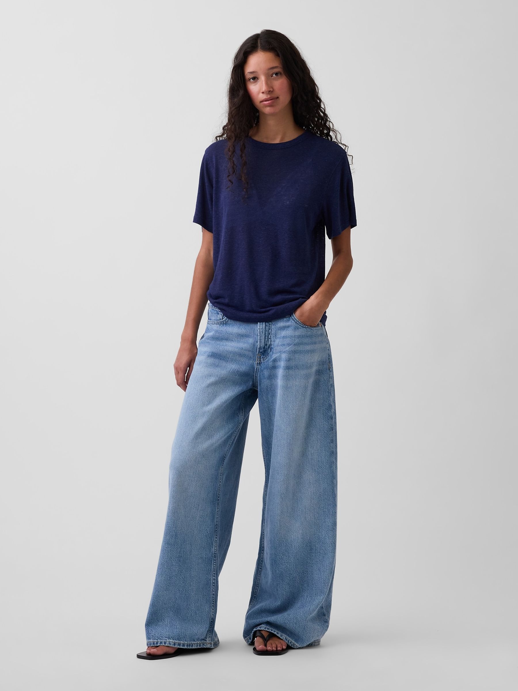 Navy Linen-Blend Relaxed Short Sleeve T-Shirt - Image 3 of 4