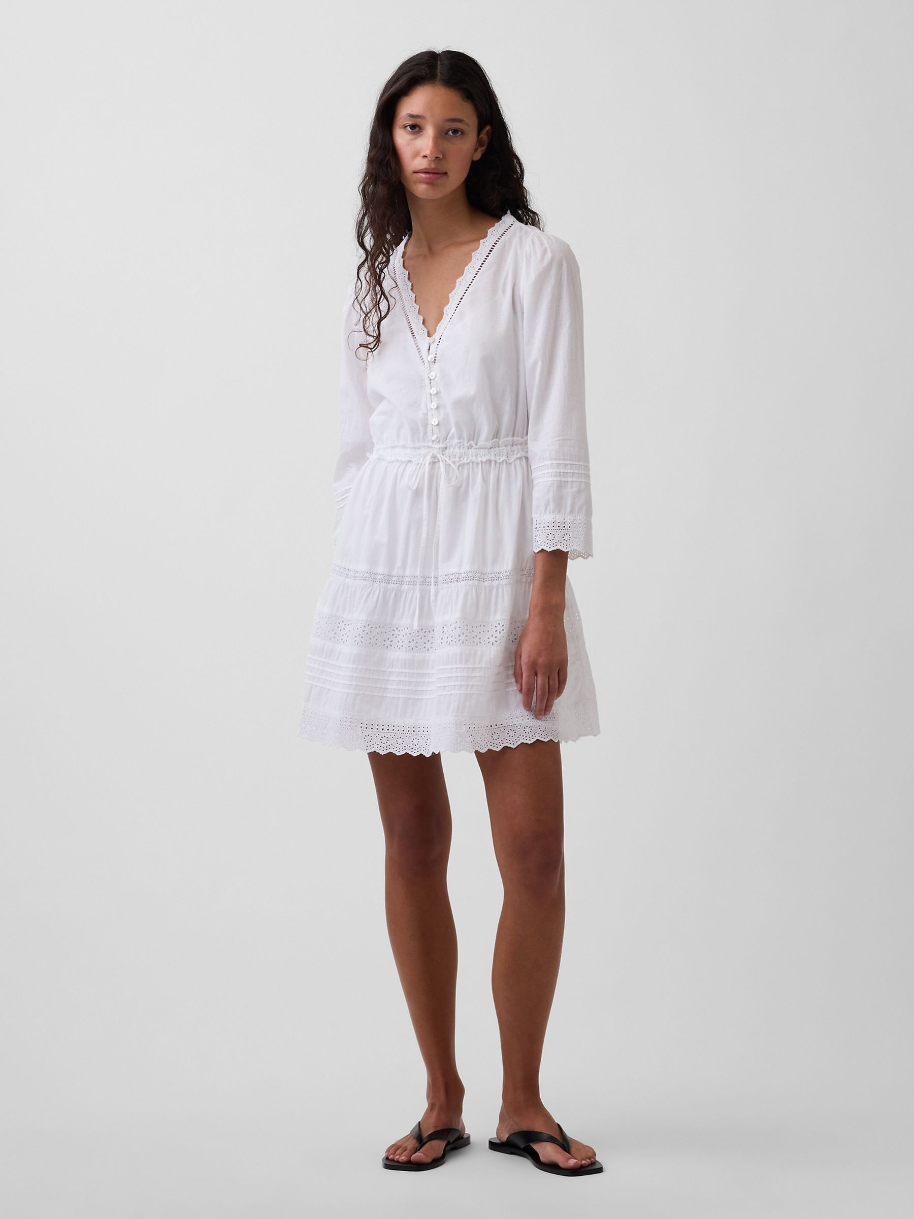 White Lace-Trim Mini V-Neck Dress - Image 1 of 4