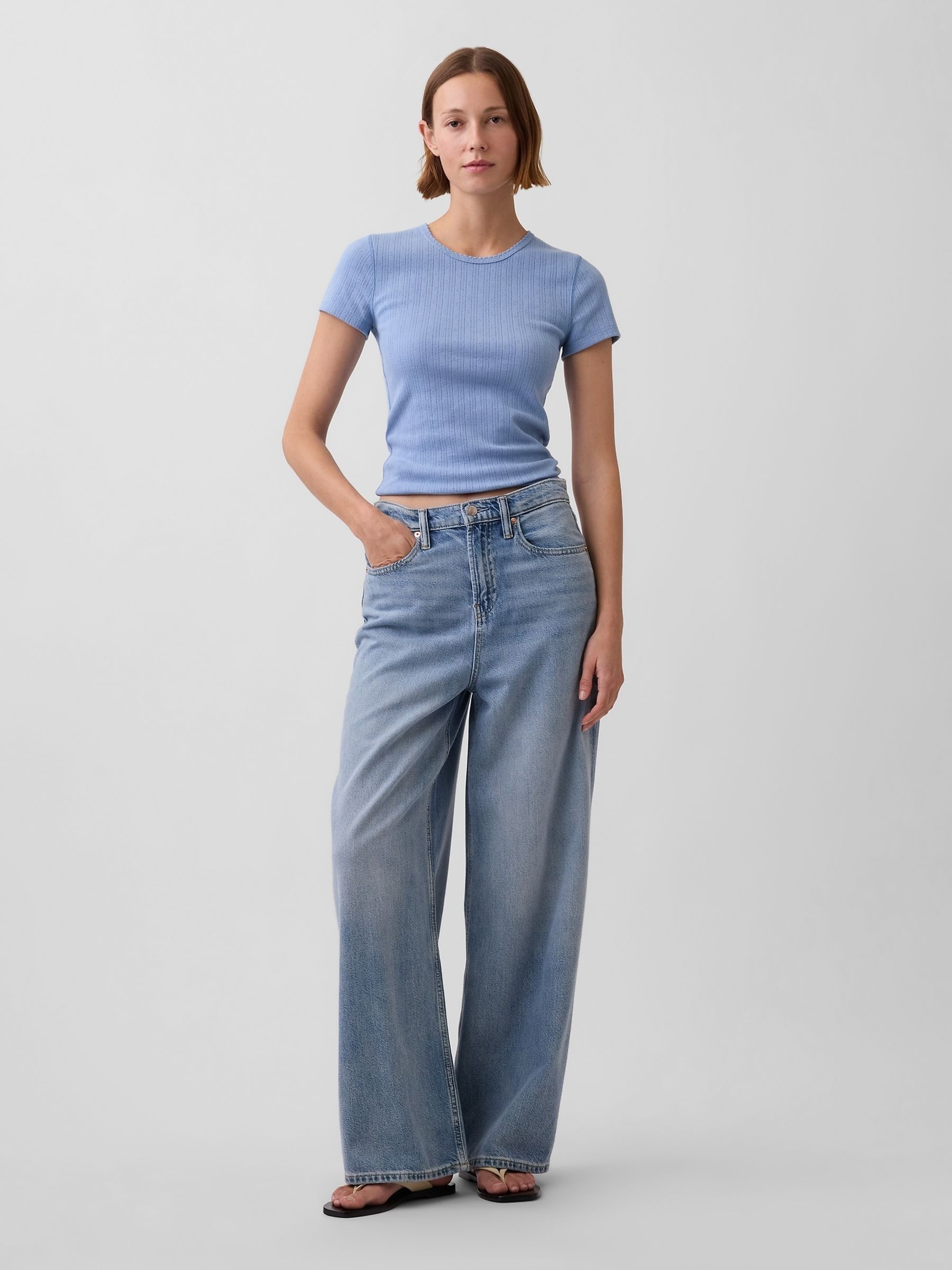 Light Blue Pointelle Crew Neck Short Sleeve T-Shirt - Image 1 of 3