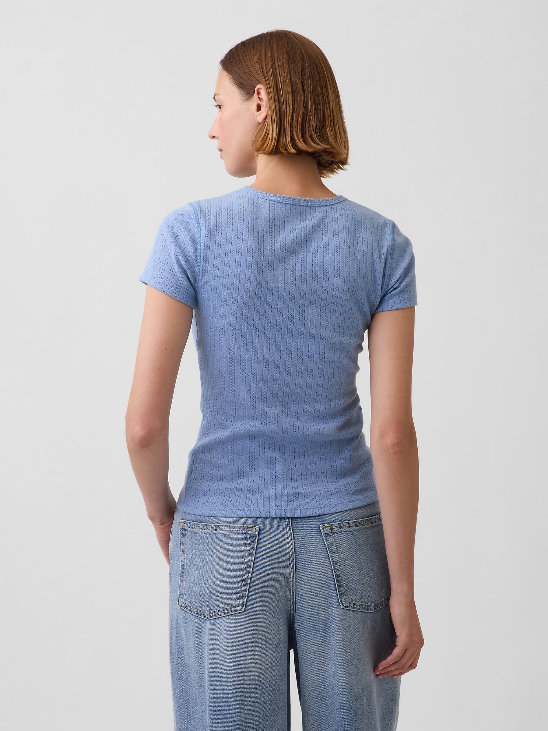 Light Blue Pointelle Crew Neck Short Sleeve T-Shirt - Image 2 of 3