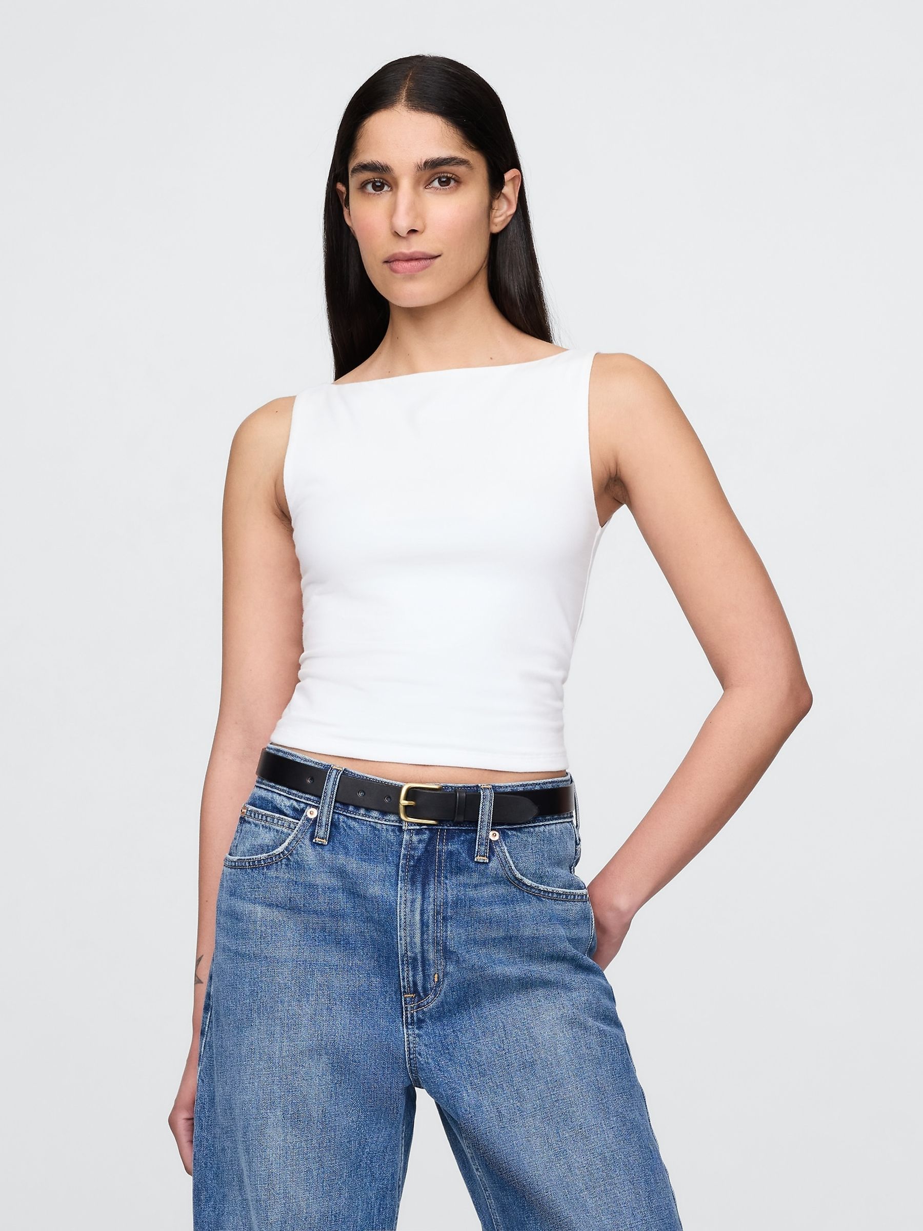 White CloseKnit Jersey Boatneck Crop Vest - Image 1 of 3