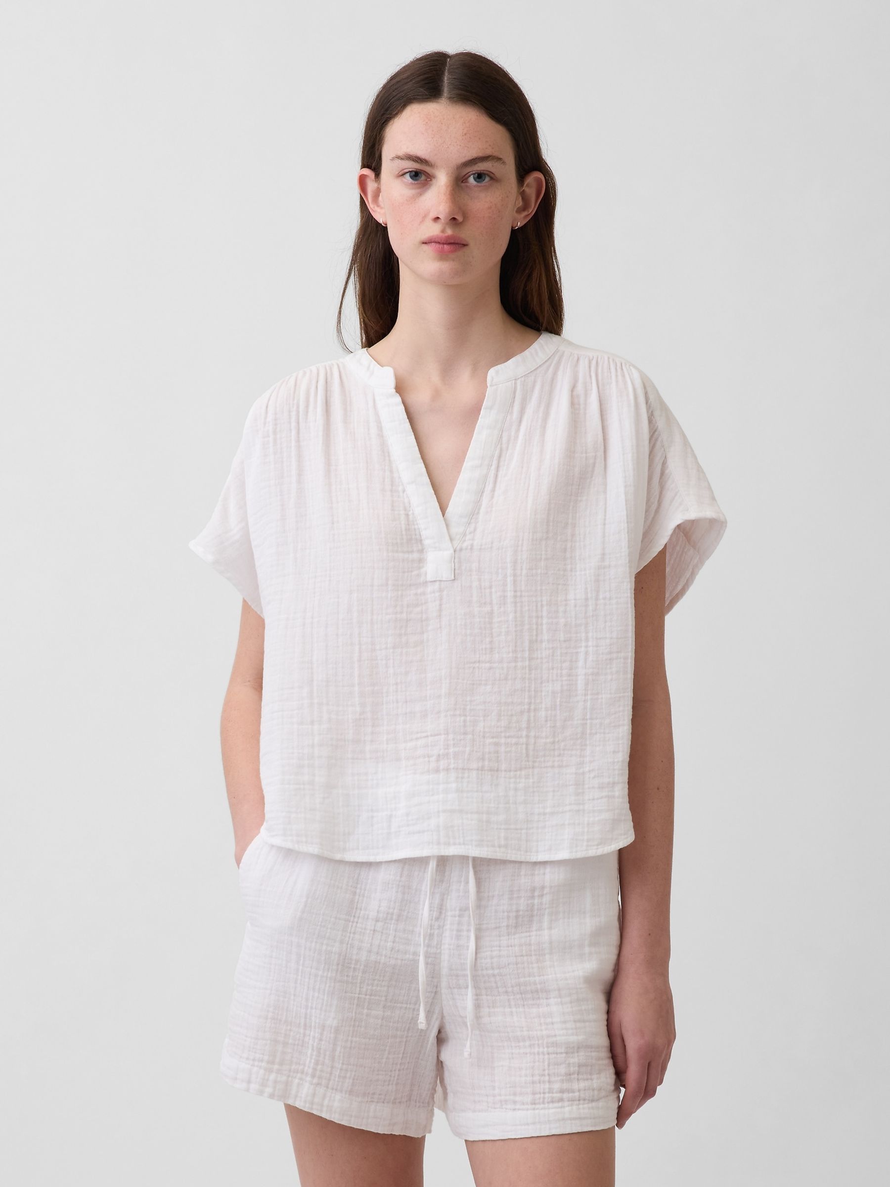 White Gauze Oversized Split-Neck Top - Image 1 of 4