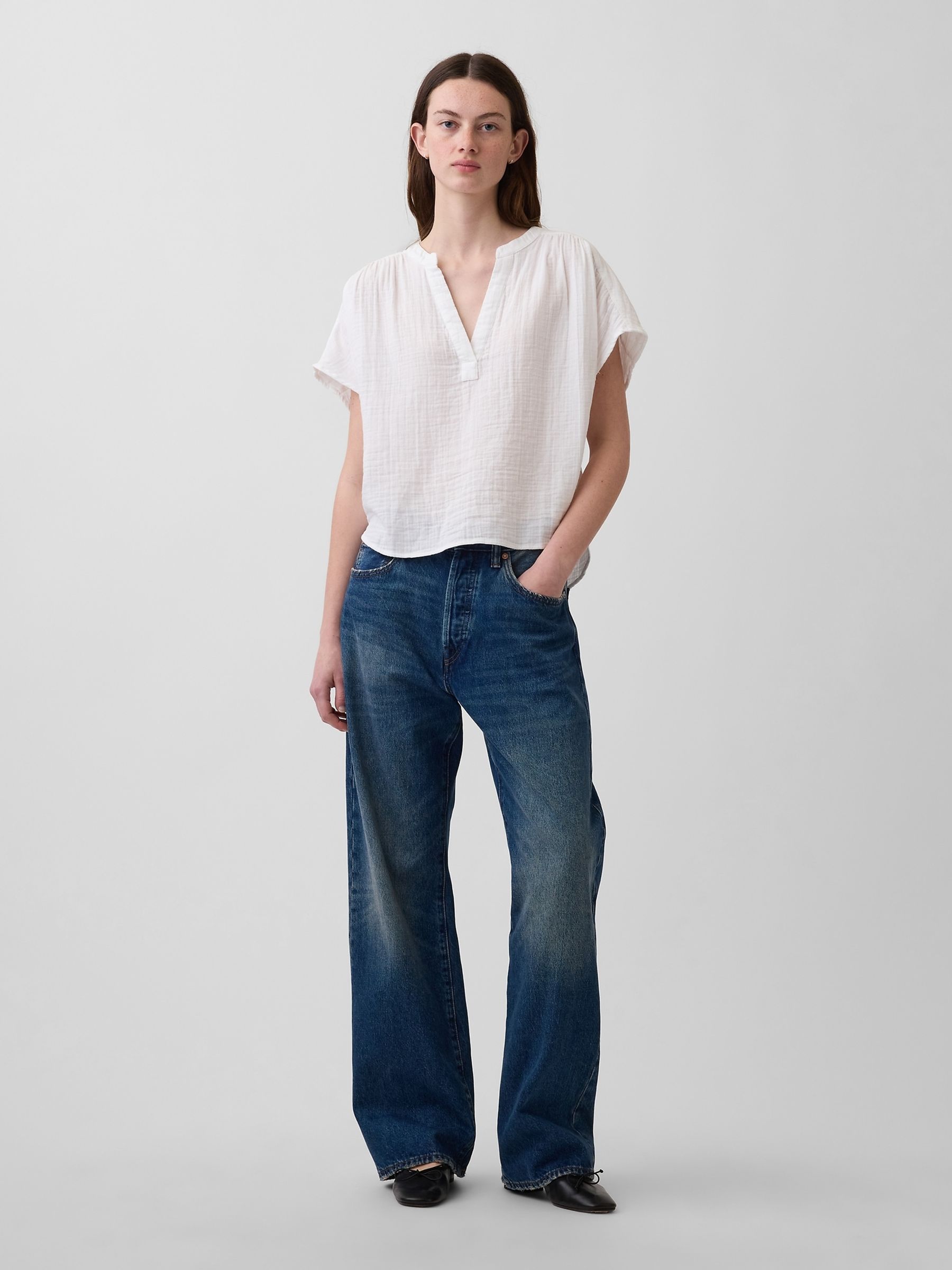 White Gauze Oversized Split-Neck Top - Image 3 of 4