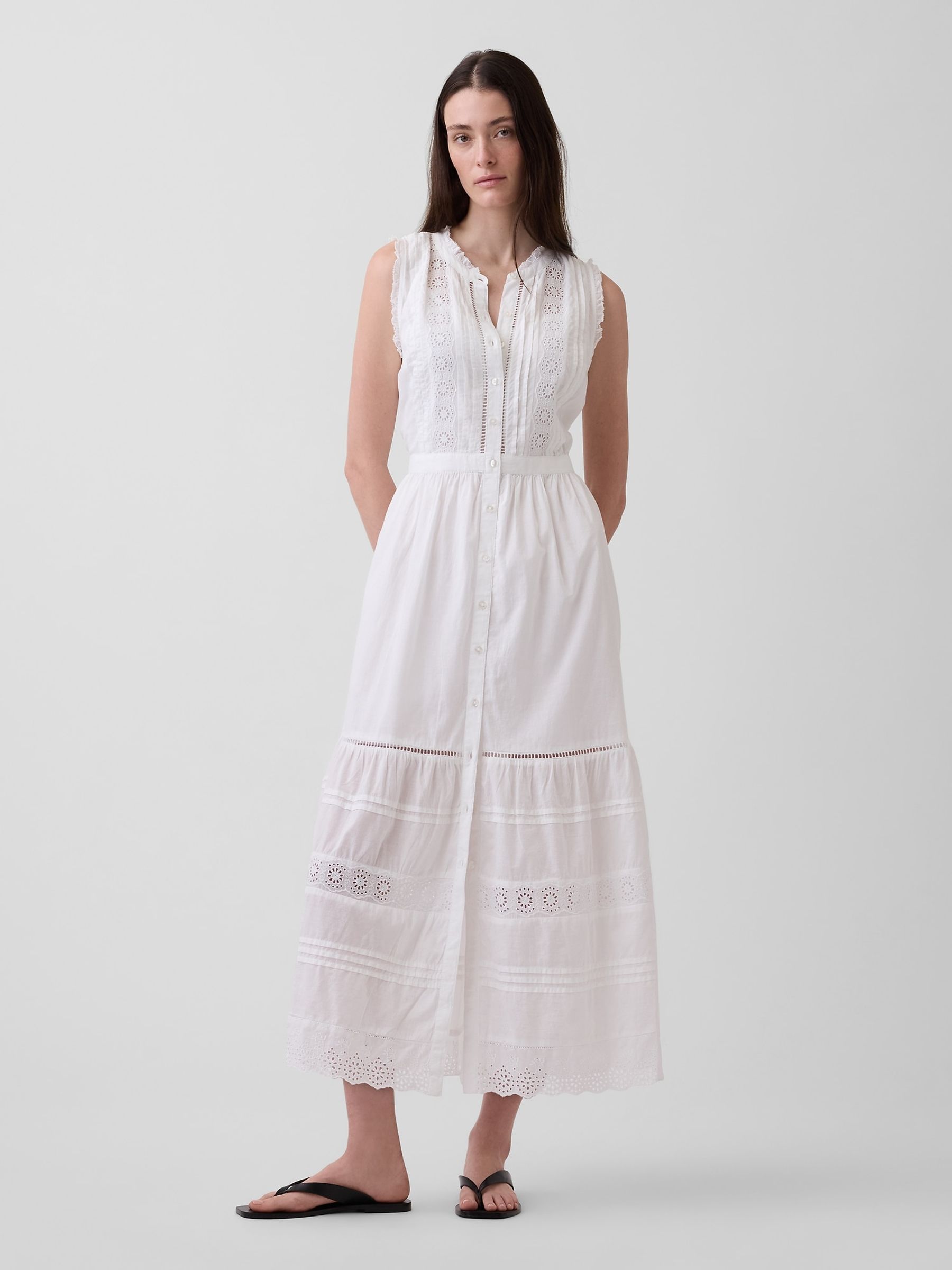 White Lace-Trim Tiered Midi Sleeveless Shirt Dress - Image 1 of 4