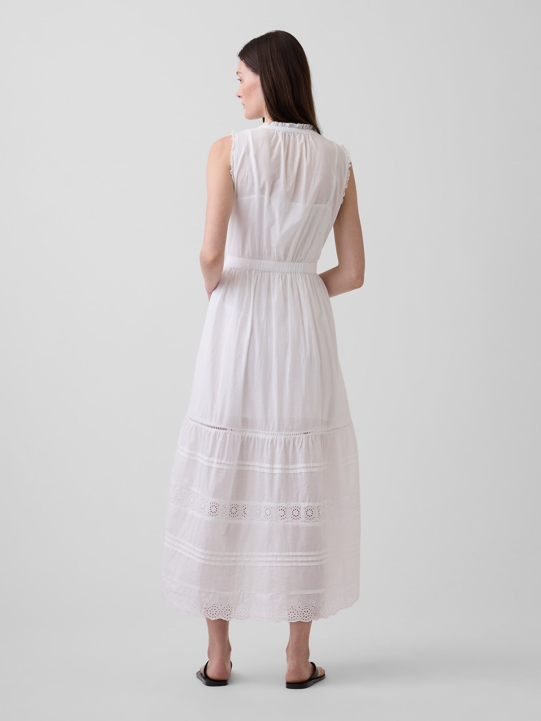 White Lace-Trim Tiered Midi Sleeveless Shirt Dress - Image 2 of 4