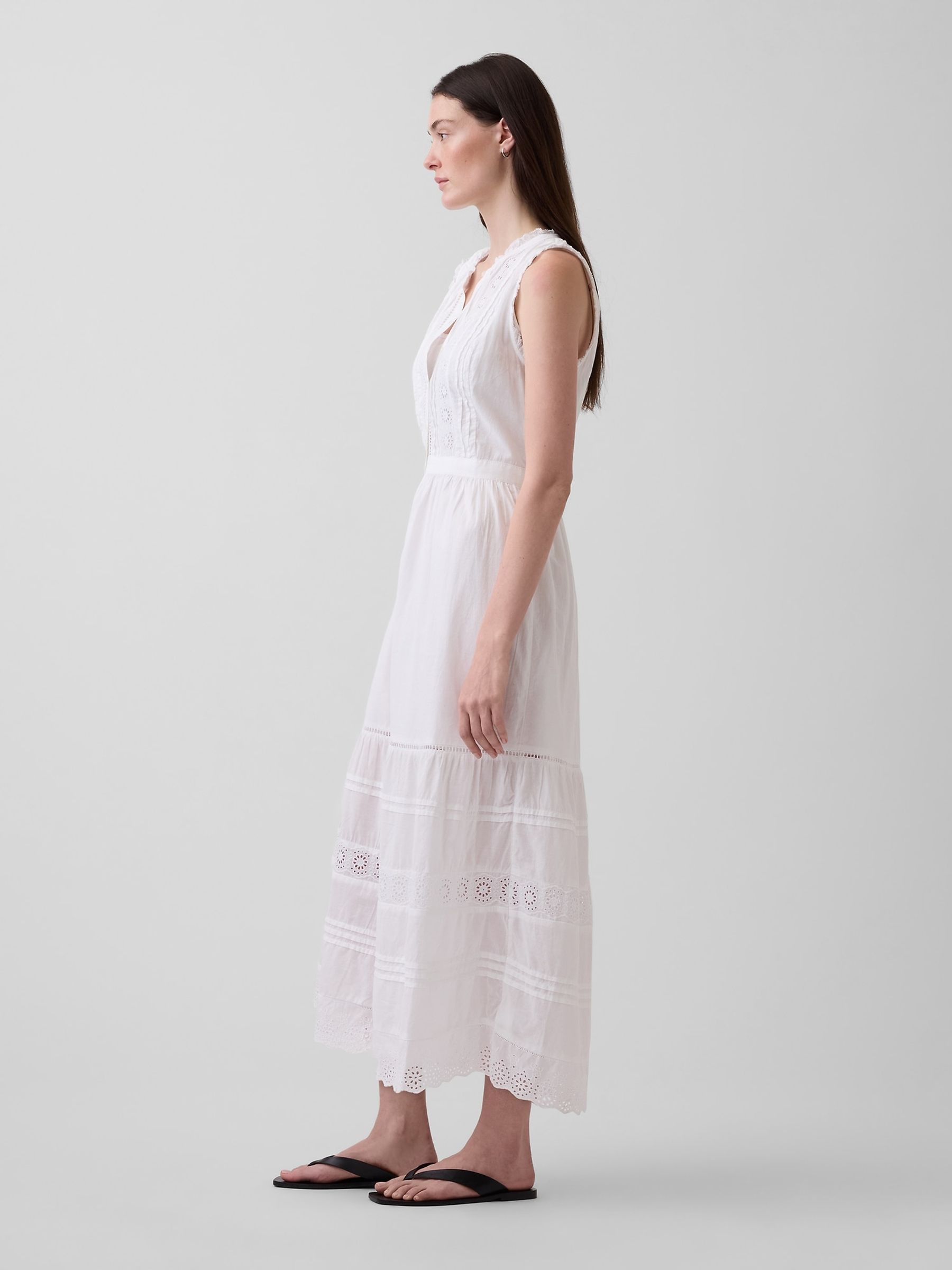 White Lace-Trim Tiered Midi Sleeveless Shirt Dress - Image 3 of 4