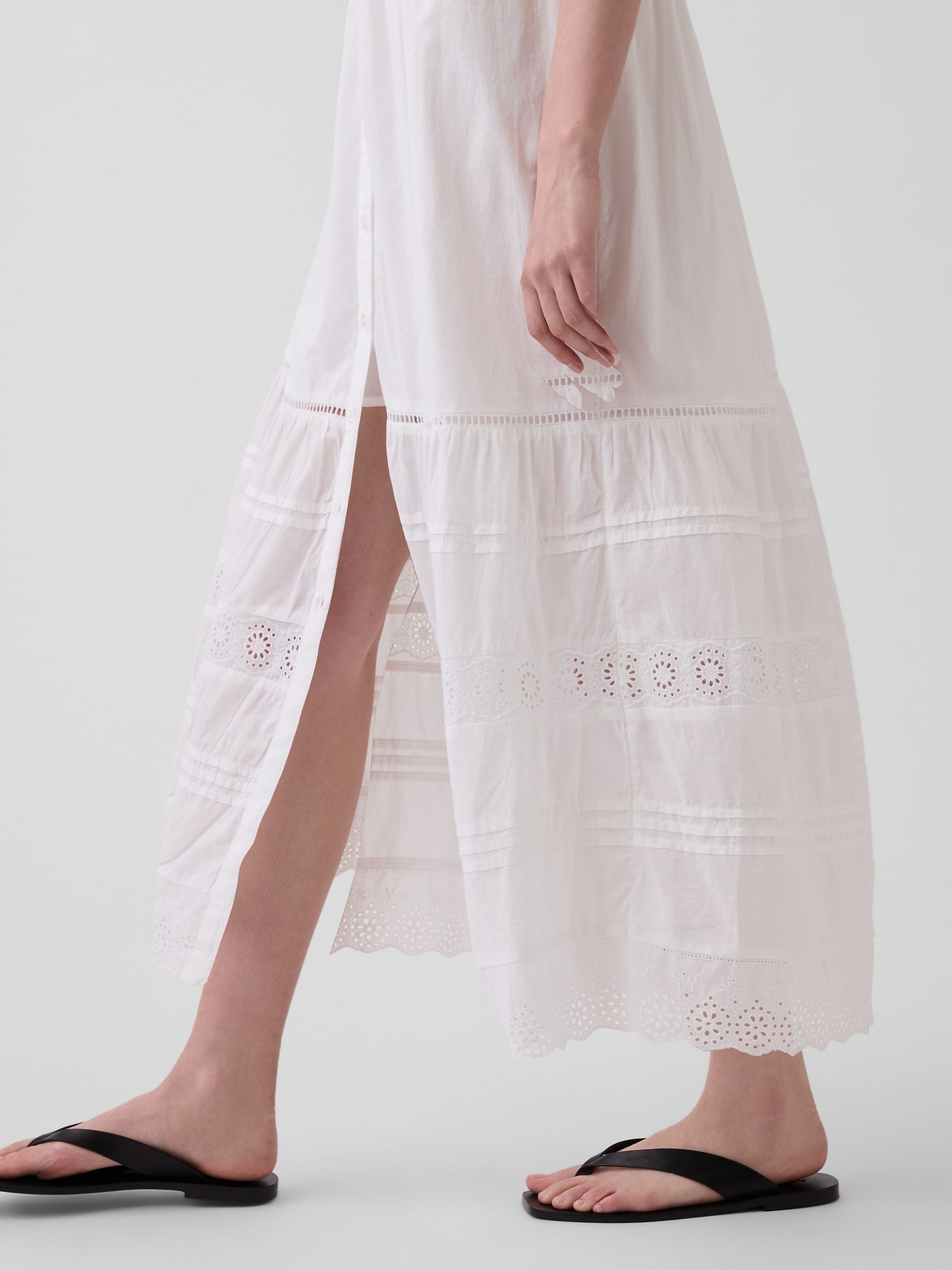 White Lace-Trim Tiered Midi Sleeveless Shirt Dress - Image 4 of 4