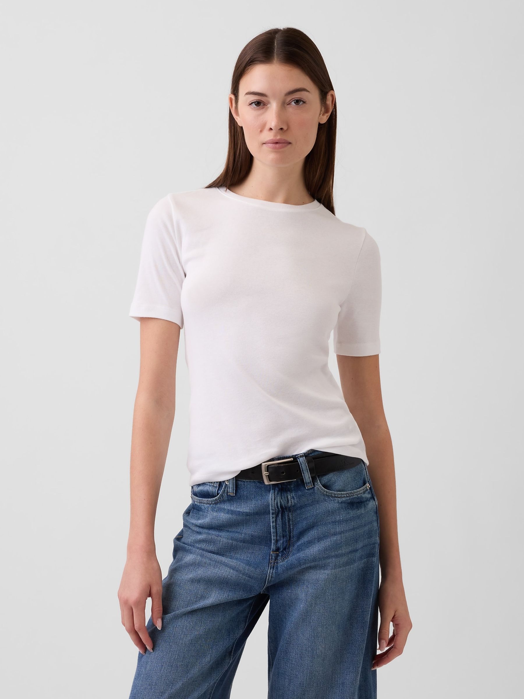 White Modern Ribbed Crew neck Short Sleeve T-Shirt - Image 1 of 2