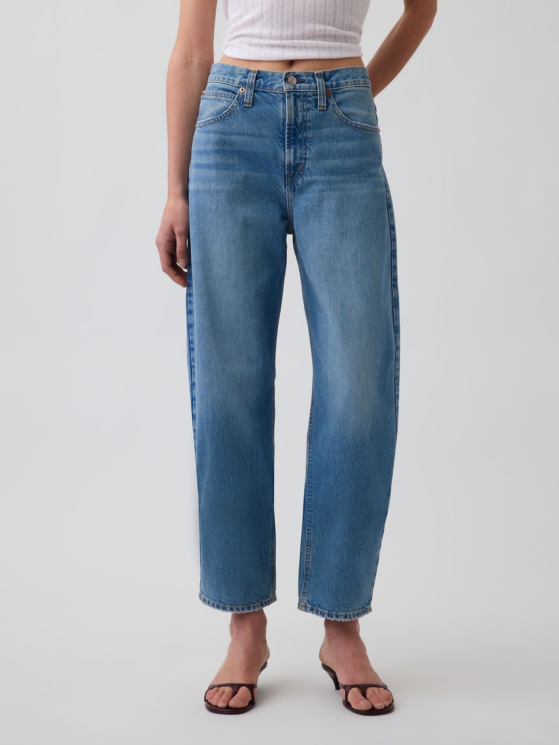 Medium Wash High Waisted Crop Barrel Jeans - Image 1 of 4