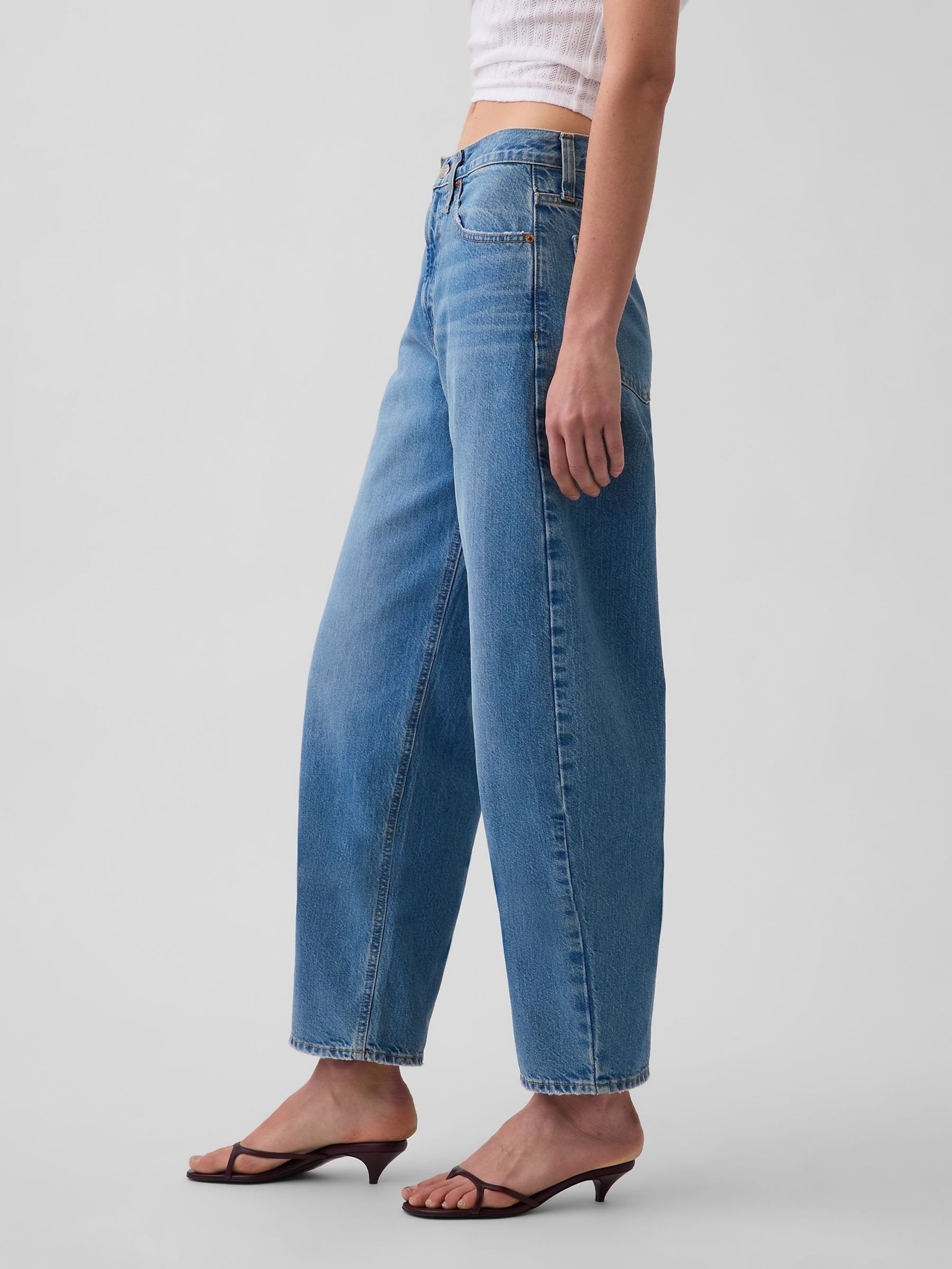 Medium Wash High Waisted Crop Barrel Jeans - Image 3 of 4