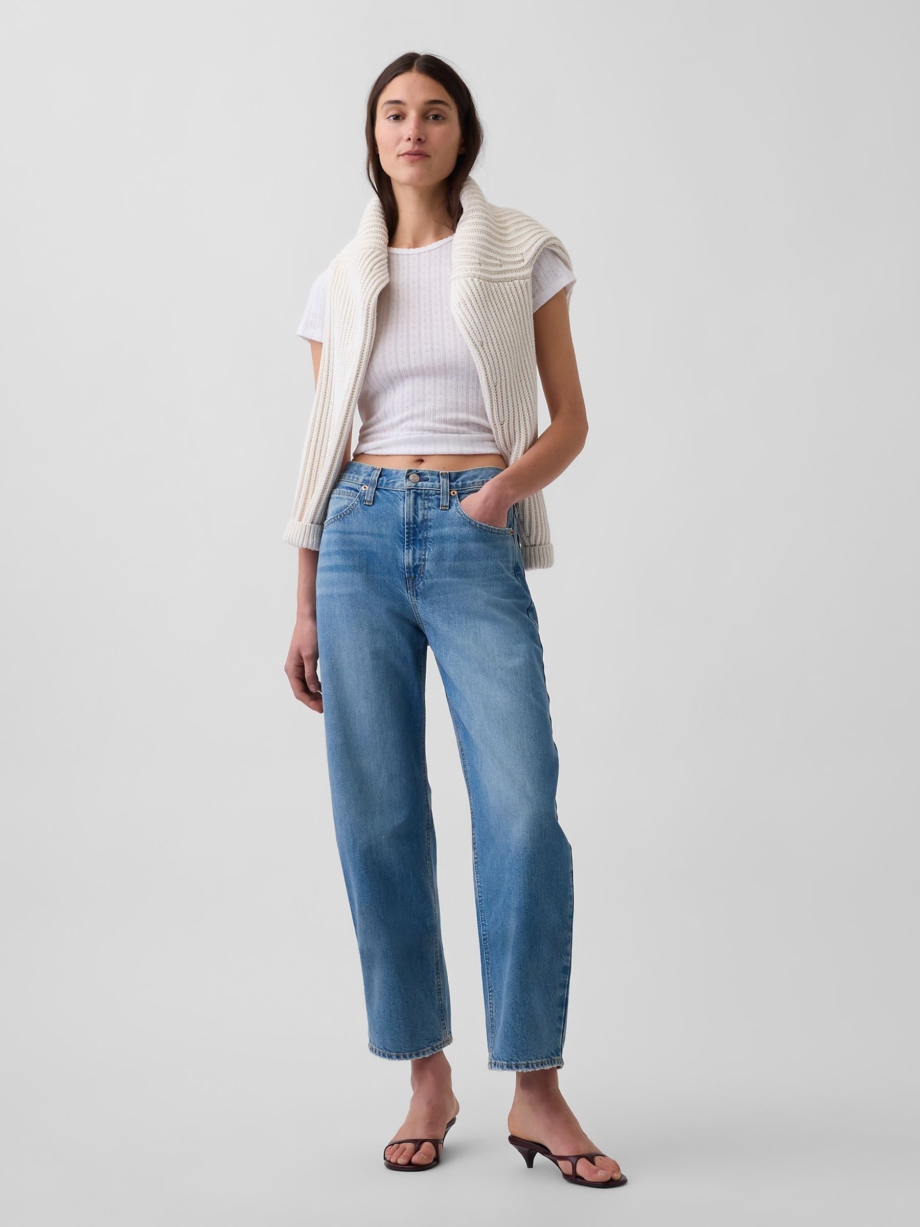 Medium Wash High Waisted Crop Barrel Jeans - Image 4 of 4