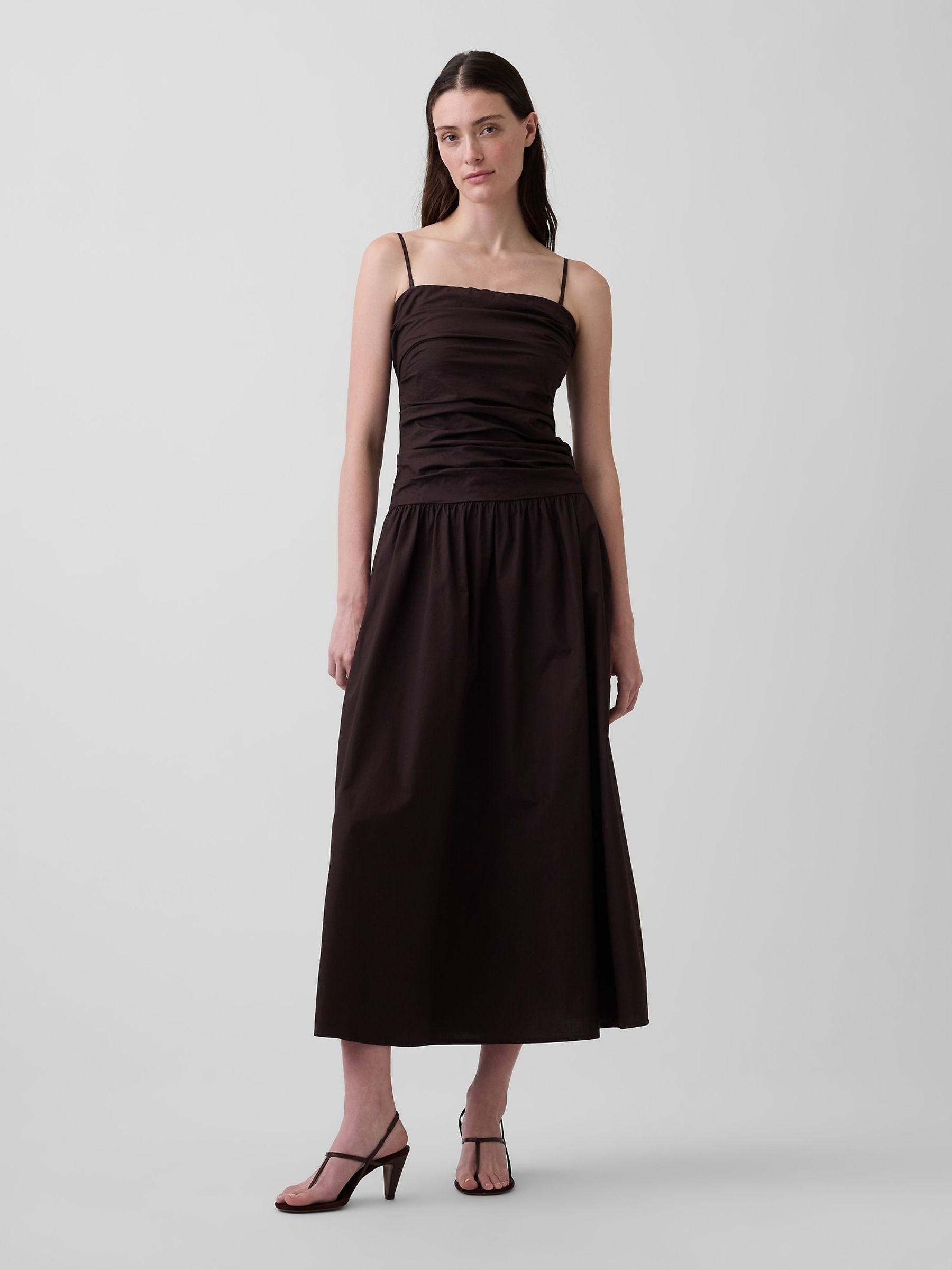 Brown Poplin Drop-Waist Maxi Dress - Image 1 of 4
