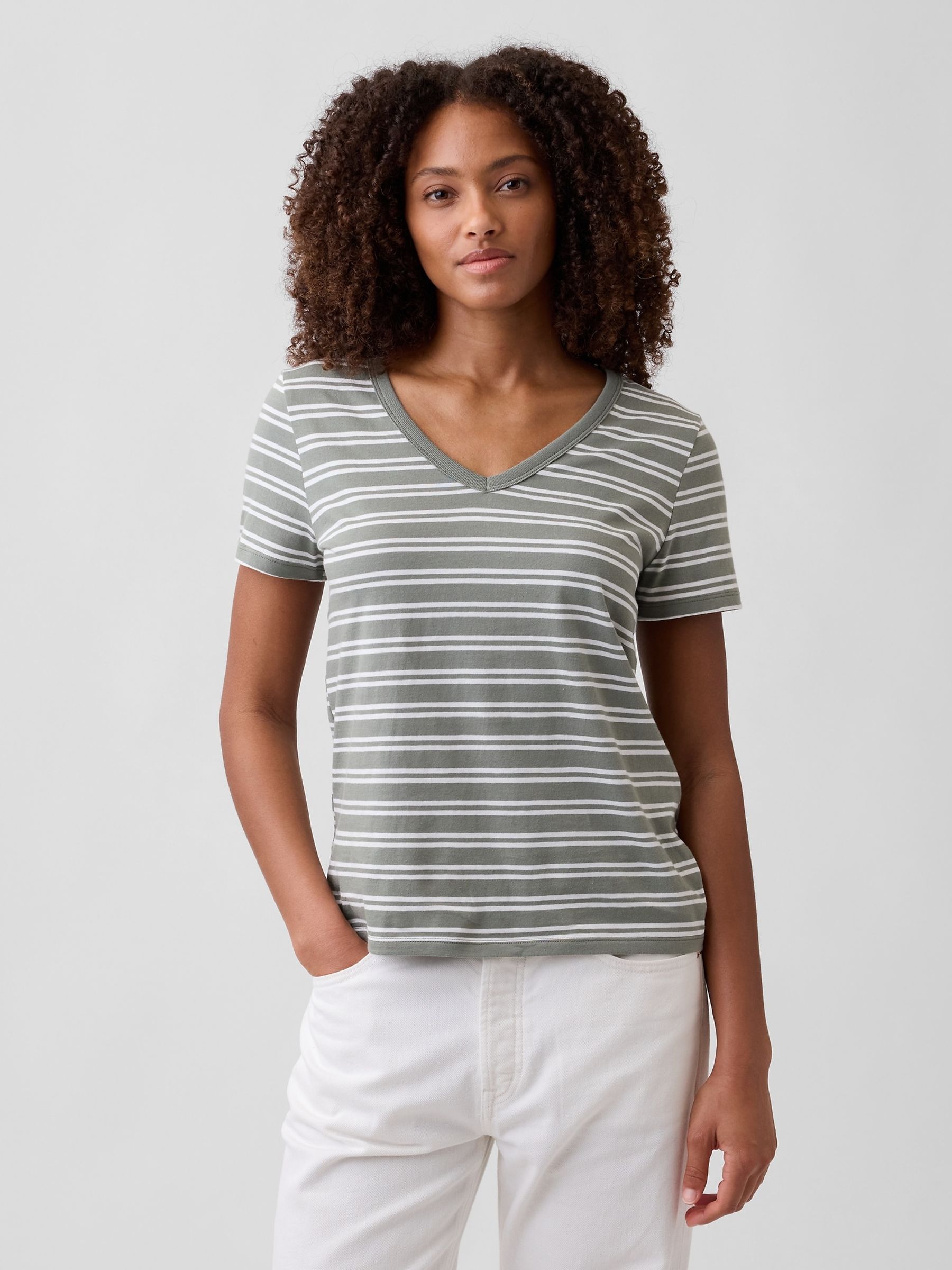 Grey stripe Favourite V-Neck Short Sleeve T-Shirt - Image 1 of 5