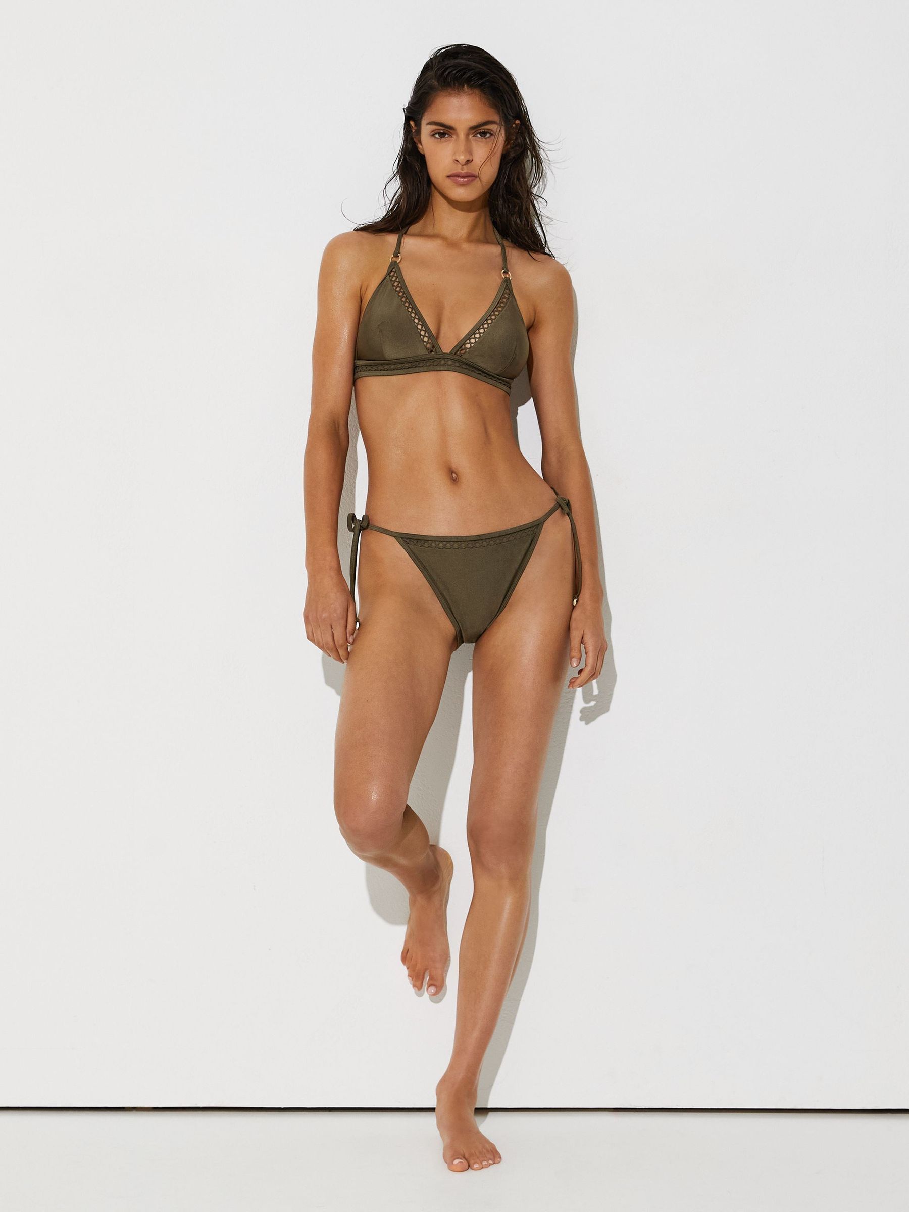 Shimmer Triangle Bikini Top in Khaki Green - Image 3 of 7