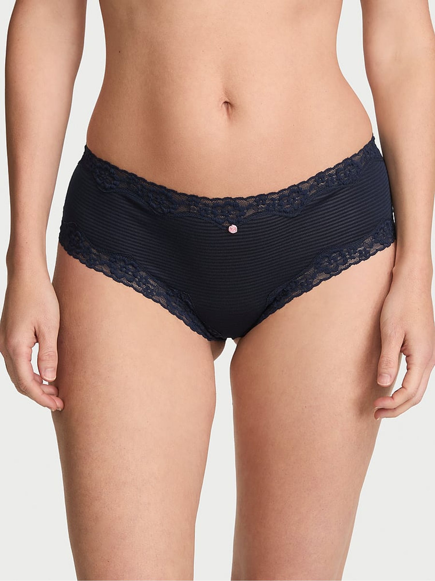 Noir Navy Blue Cheeky Cotton Stripe Lace Waist Knickers - Image 1 of 2 Noir Navy Blue Cheeky Cotton Stripe Lace Waist Knickers - Image 1 of 2