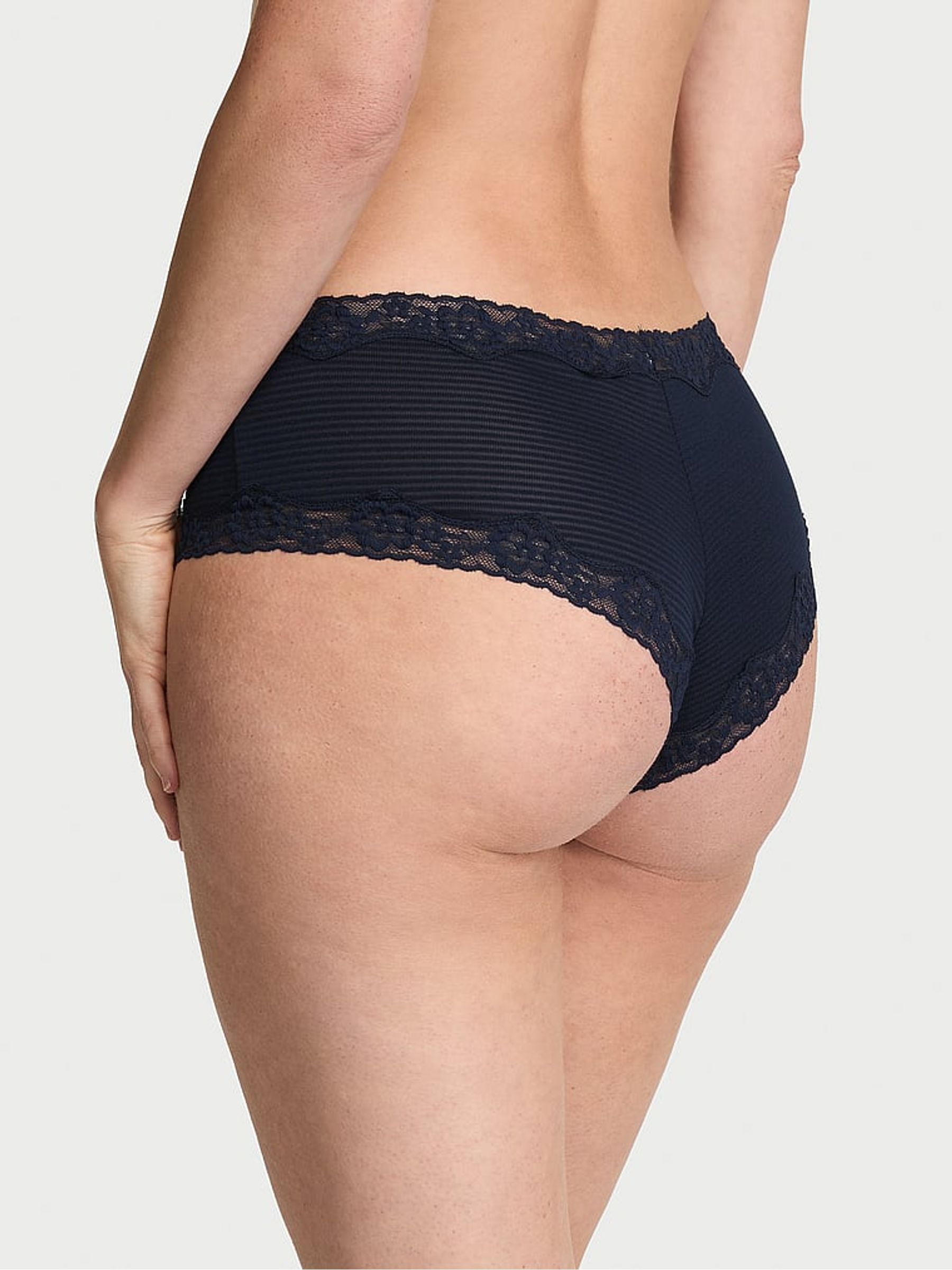 Noir Navy Blue Cheeky Cotton Stripe Lace Waist Knickers - Image 2 of 2