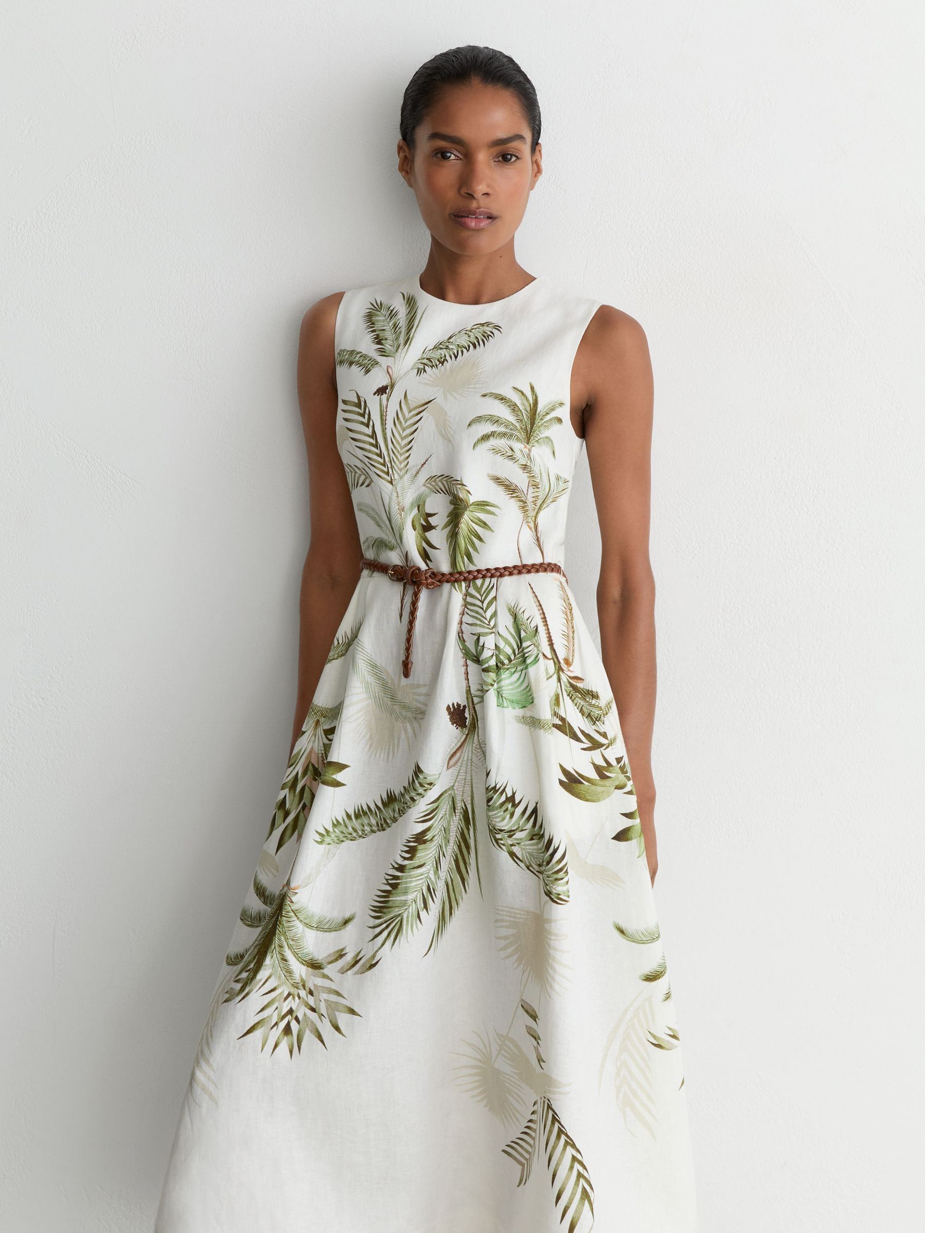 Linen Palm-Print Midi Dress in Ivory/Khaki - Image 1 of 7 Linen Palm-Print Midi Dress in Ivory/Khaki - Image 1 of 7