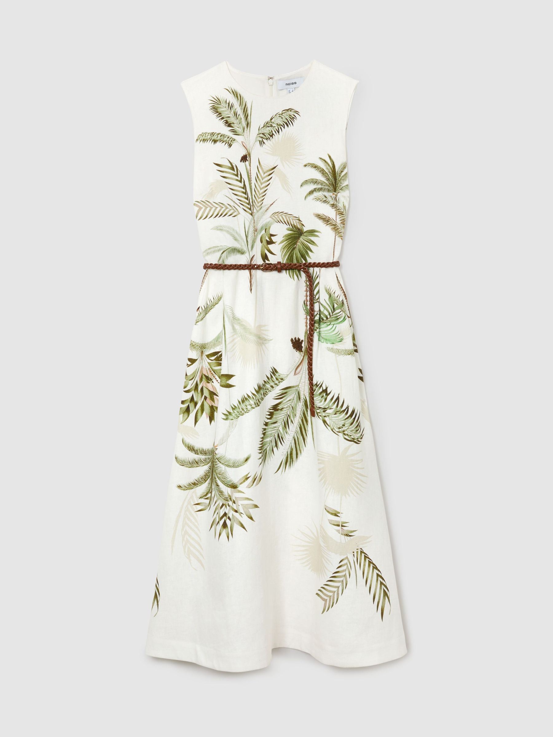 Linen Palm-Print Midi Dress in Ivory/Khaki - Image 2 of 7 Linen Palm-Print Midi Dress in Ivory/Khaki - Image 2 of 7