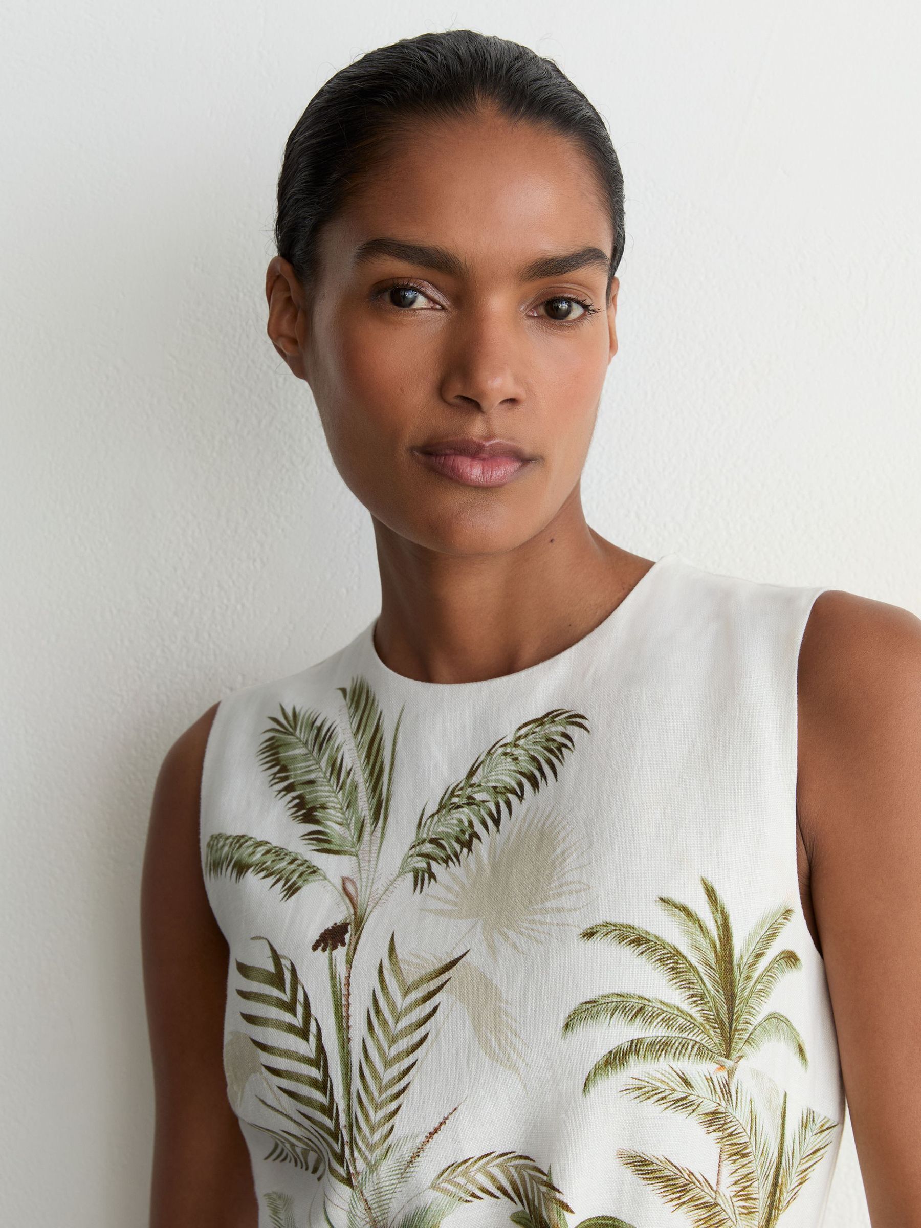 Linen Palm-Print Midi Dress in Ivory/Khaki - Image 3 of 7