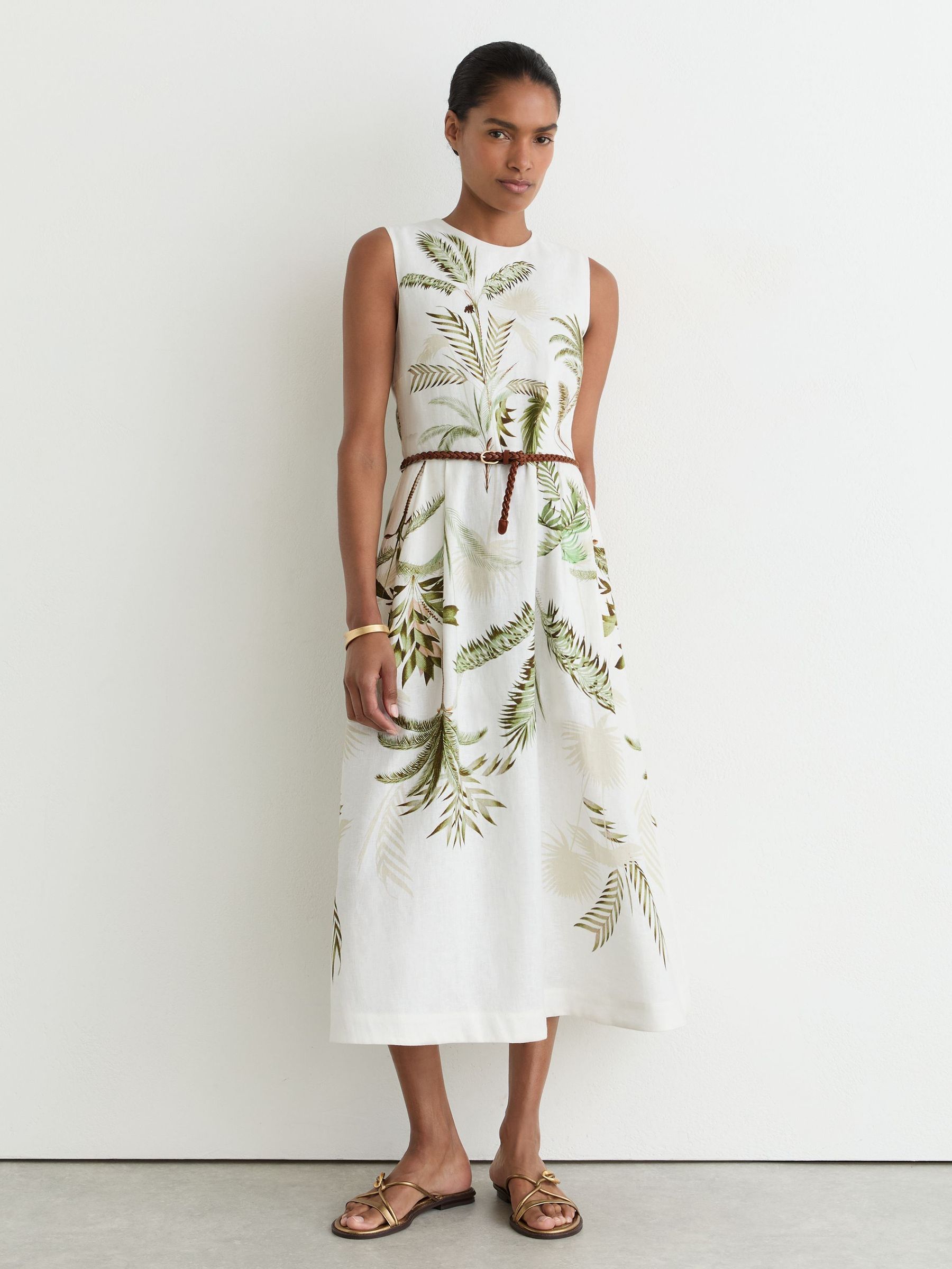 Linen Palm-Print Midi Dress in Ivory/Khaki - Image 4 of 7