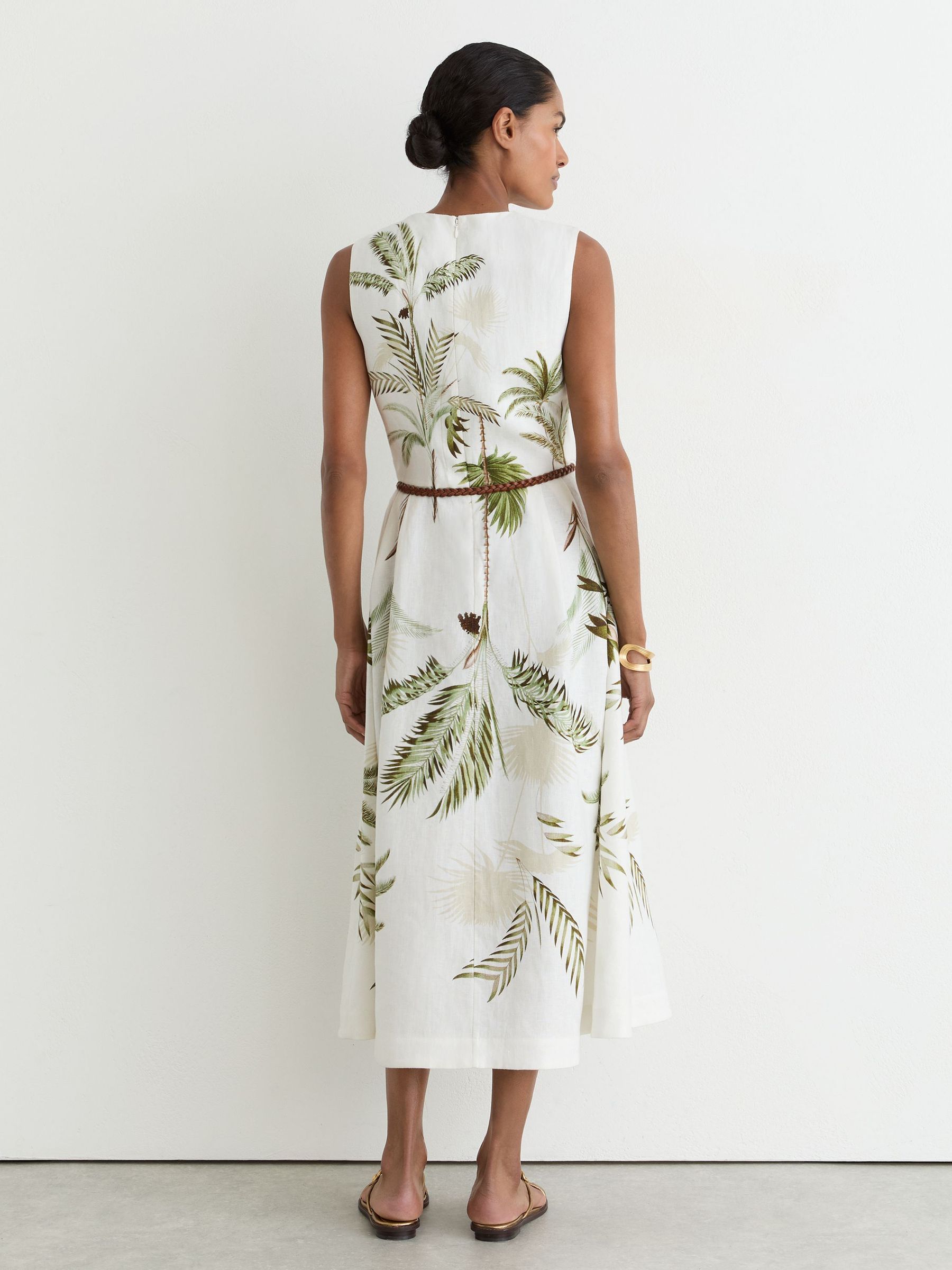 Linen Palm-Print Midi Dress in Ivory/Khaki - Image 5 of 7