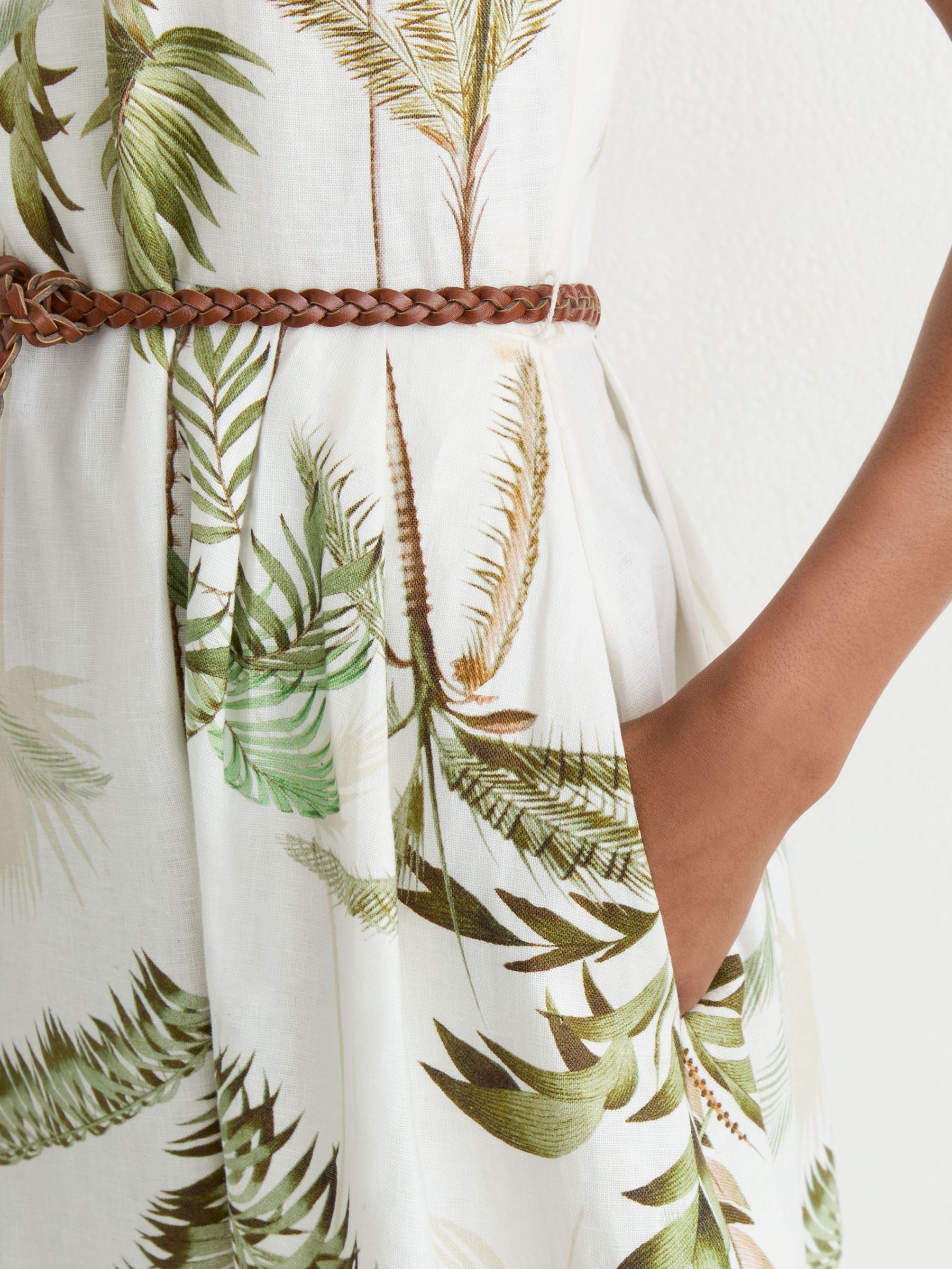 Linen Palm-Print Midi Dress in Ivory/Khaki - Image 6 of 7