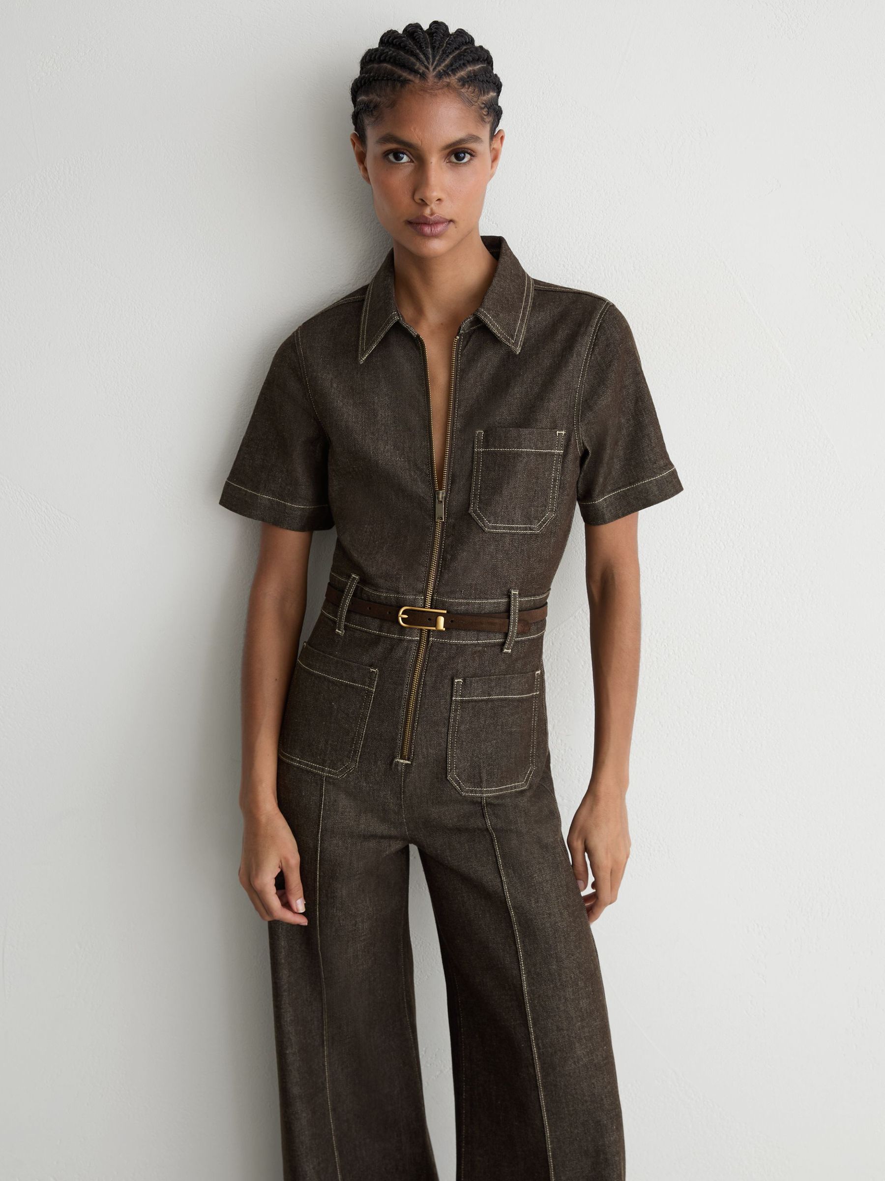 Denim Wide-Leg Jumpsuit in Chocolate Brown - Image 1 of 7