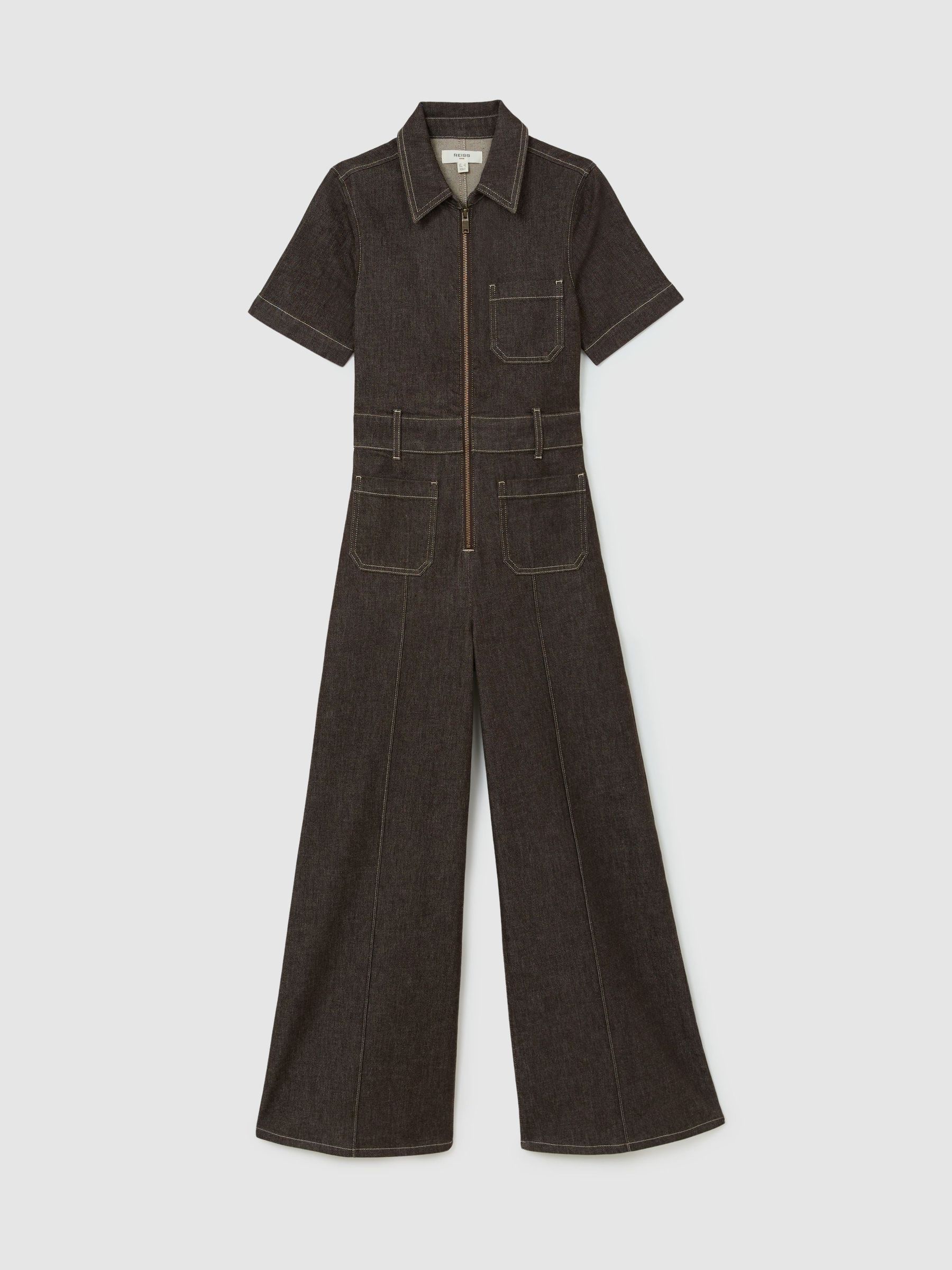 Denim Wide-Leg Jumpsuit in Chocolate Brown - Image 2 of 7