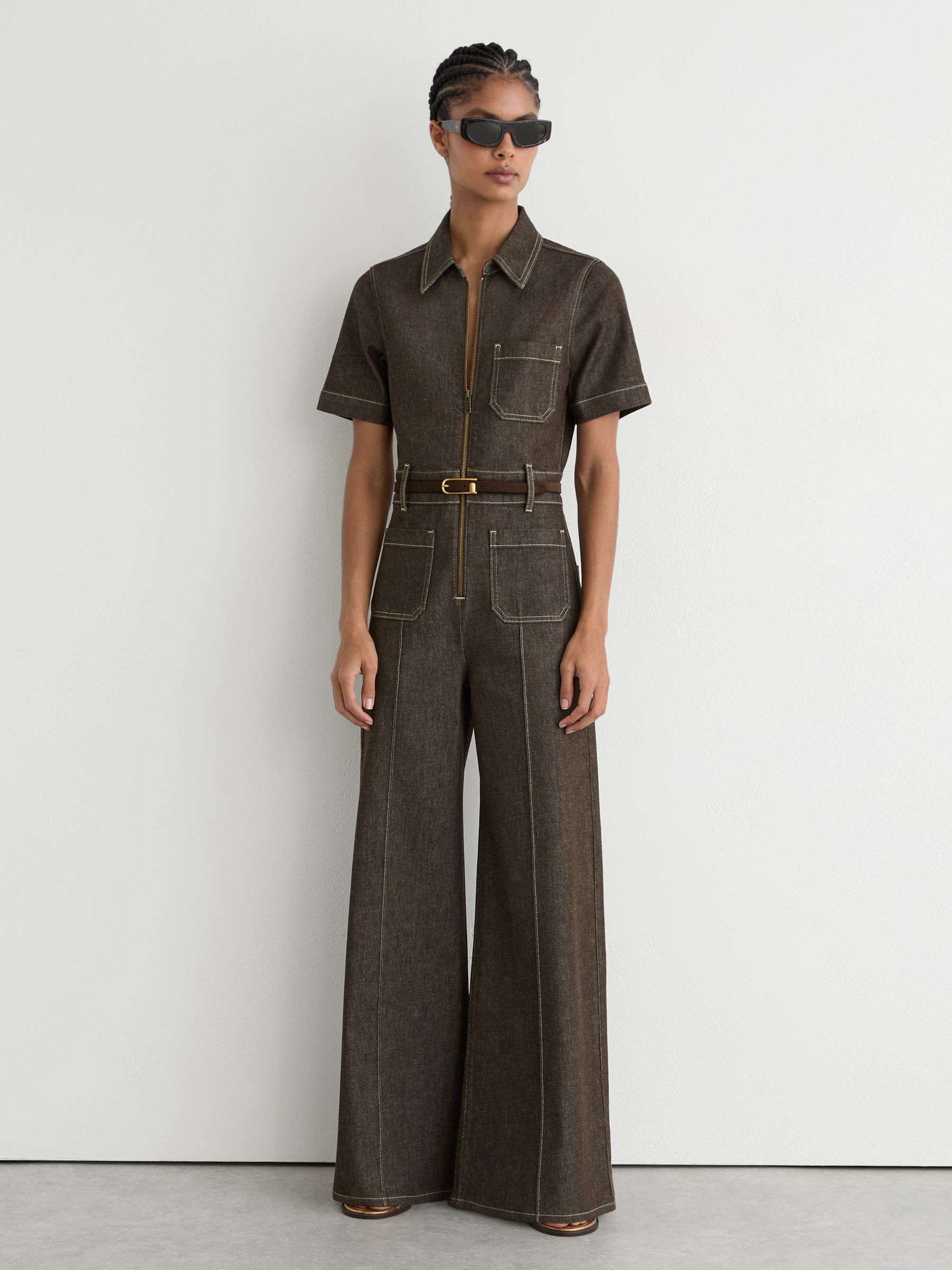Denim Wide-Leg Jumpsuit in Chocolate Brown - Image 3 of 7