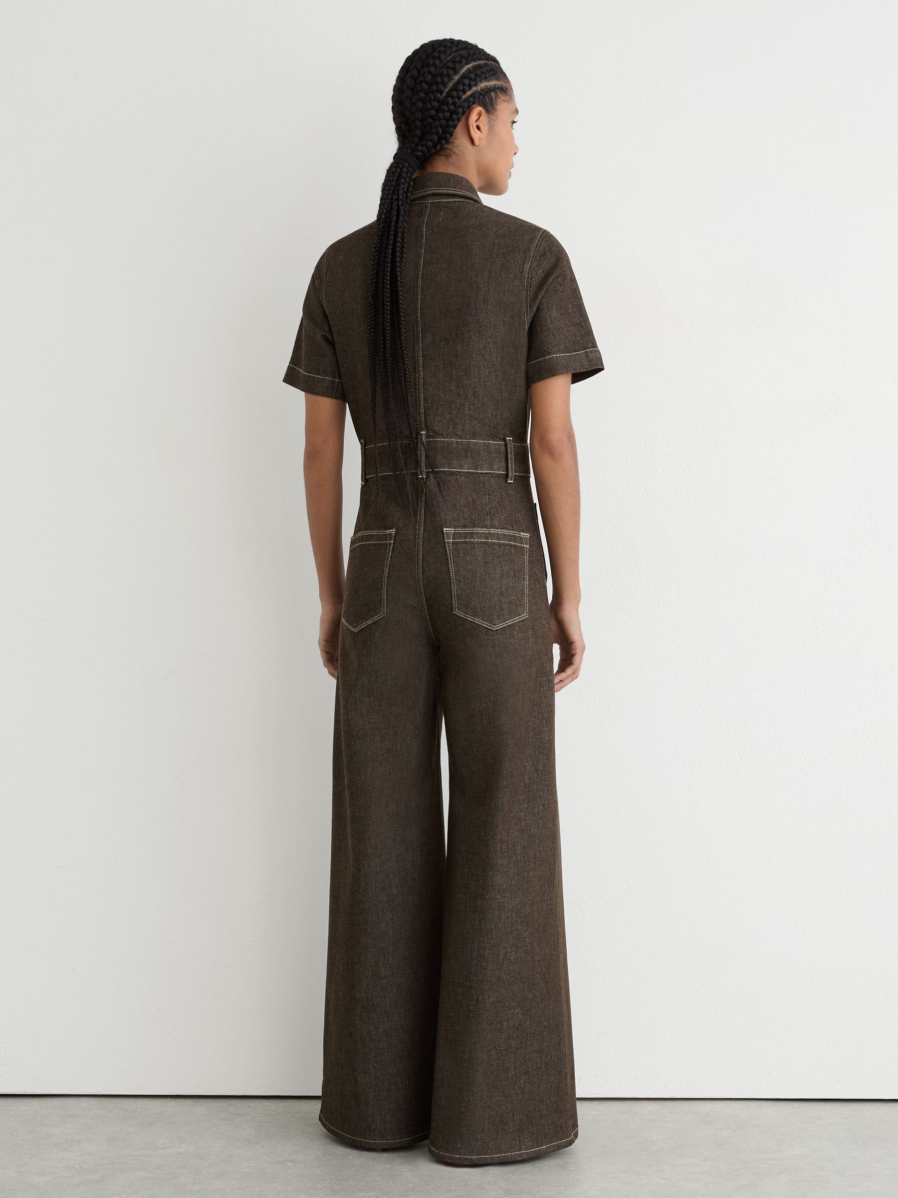 Denim Wide-Leg Jumpsuit in Chocolate Brown - Image 6 of 7