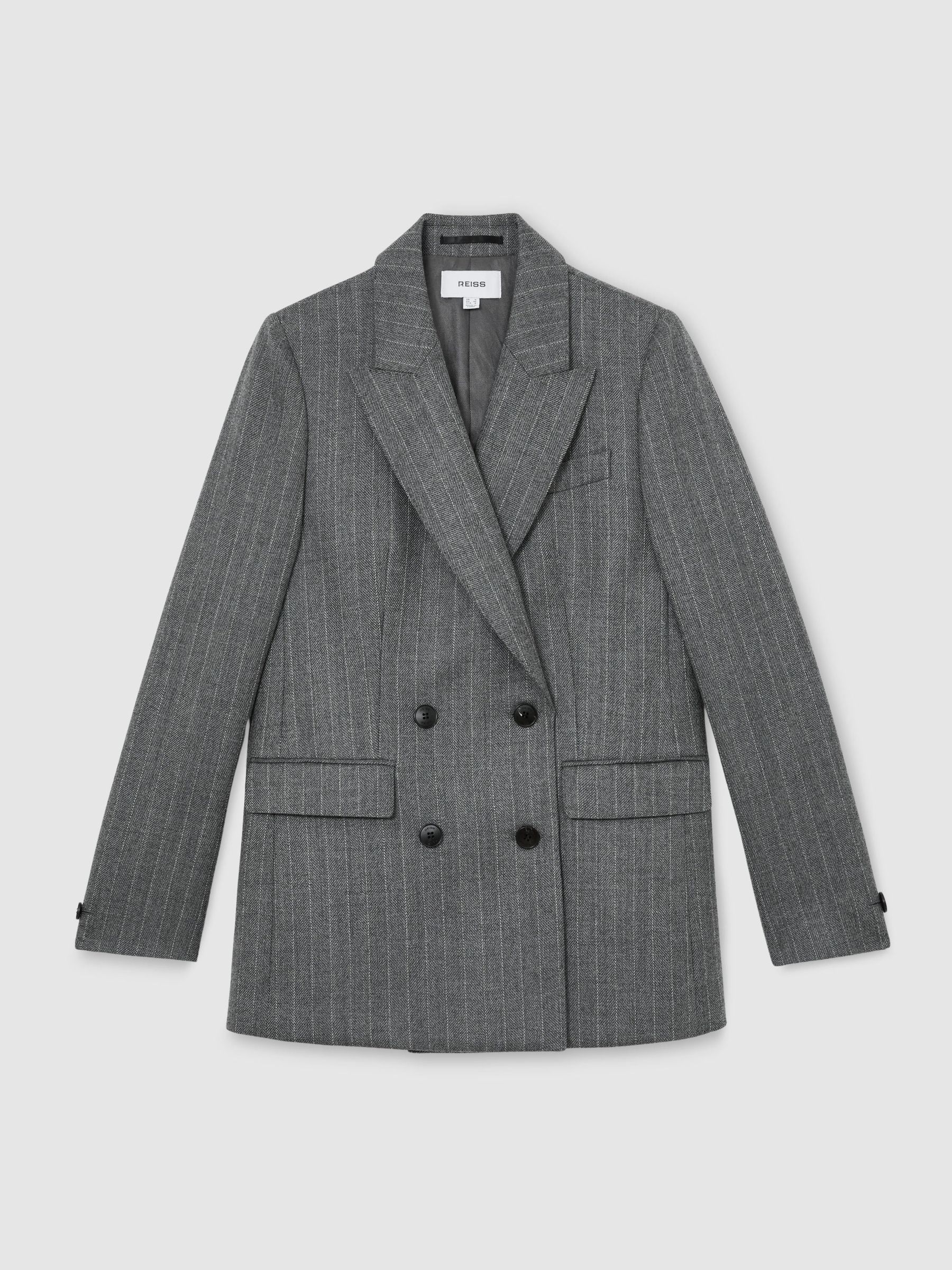 Petite Wool Double-Breasted Pinstripe Blazer in Grey - Image 2 of 8