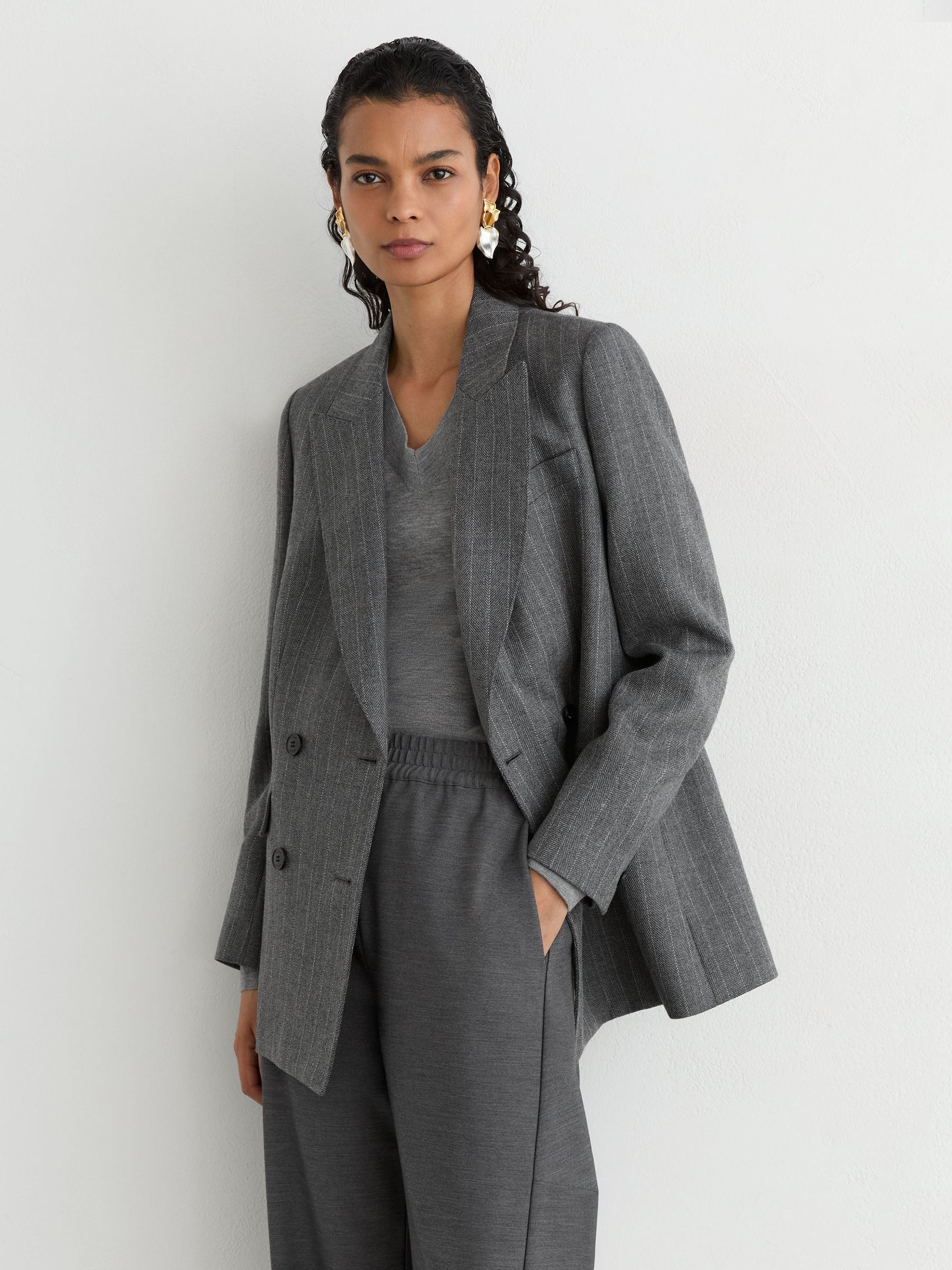 Petite Wool Double-Breasted Pinstripe Blazer in Grey - Image 3 of 8