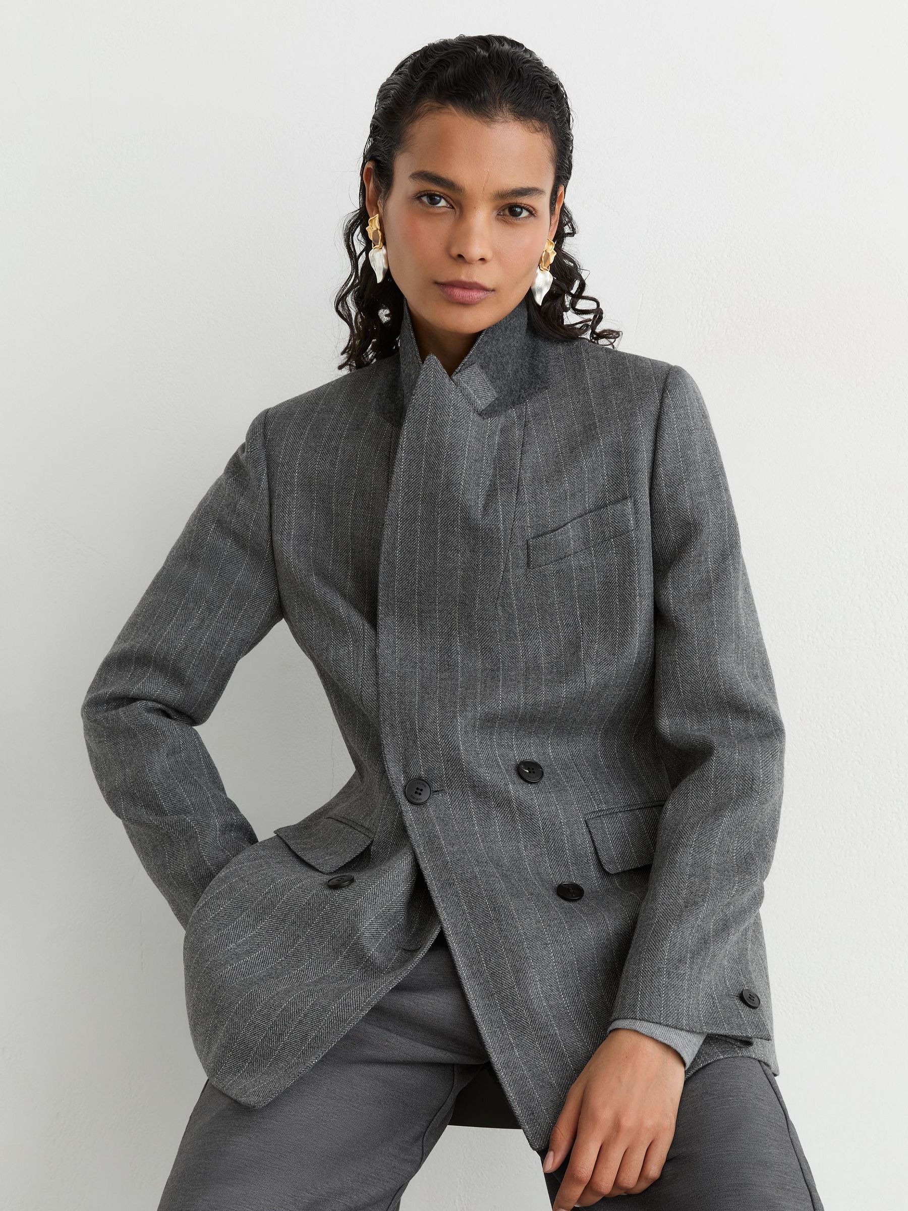 Petite Wool Double-Breasted Pinstripe Blazer in Grey - Image 4 of 8