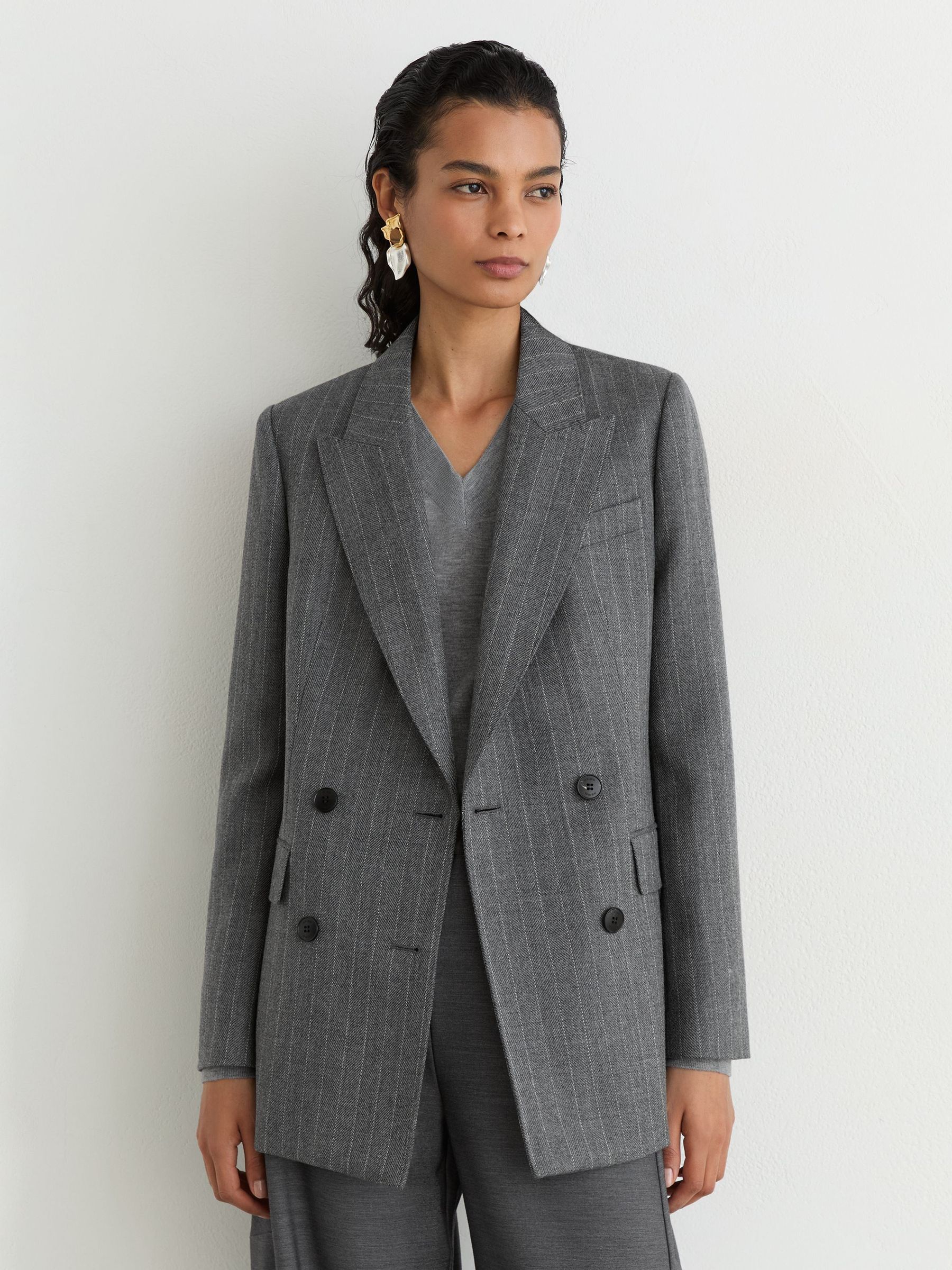 Petite Wool Double-Breasted Pinstripe Blazer in Grey - Image 5 of 8