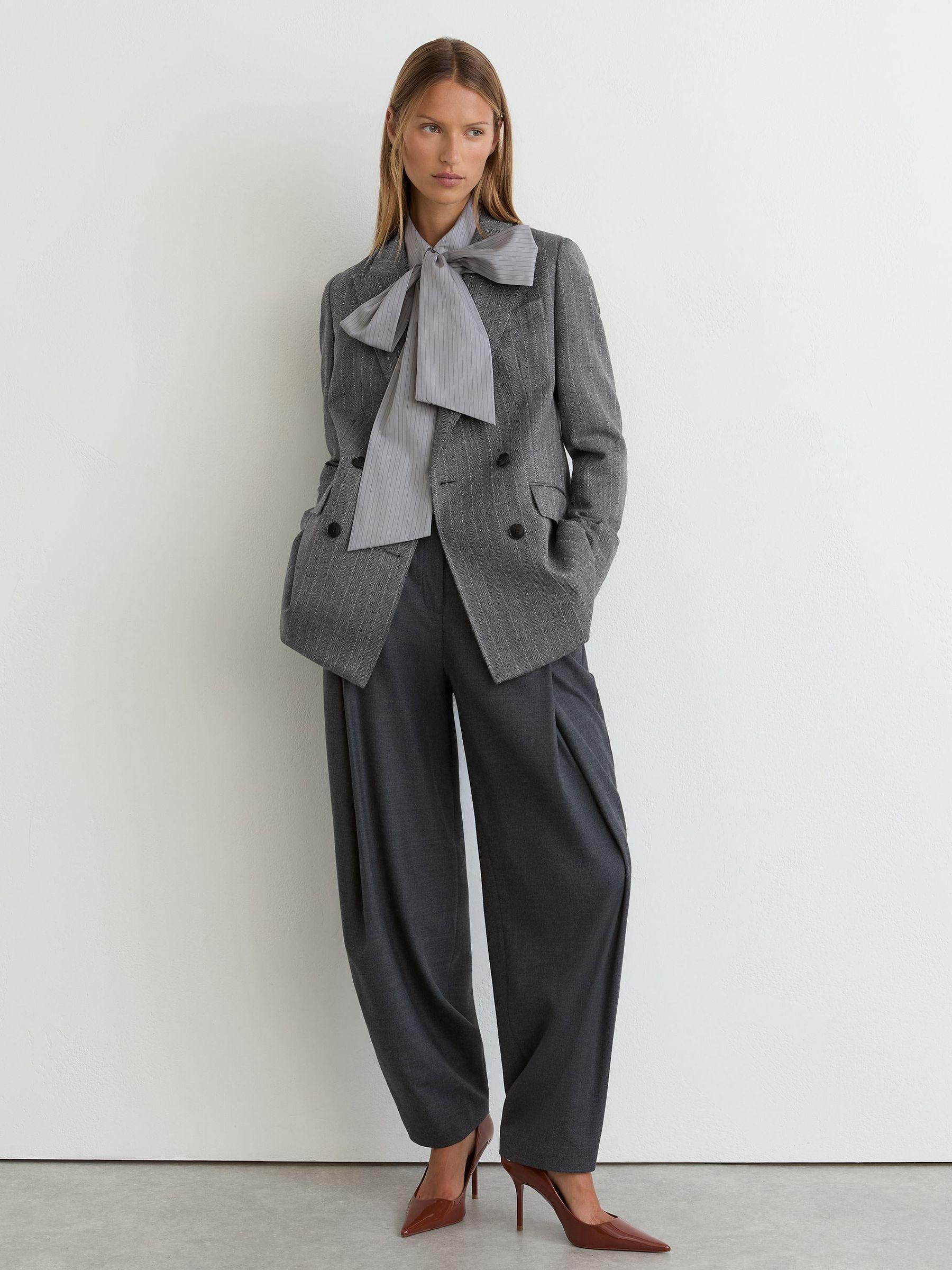 Wool Double-Breasted Pinstripe Blazer in Grey - Image 10 of 11