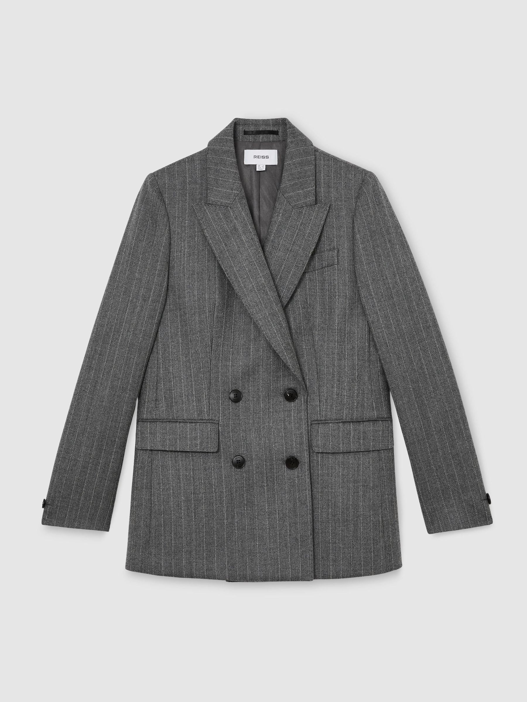 Wool Double-Breasted Pinstripe Blazer in Grey - Image 2 of 11