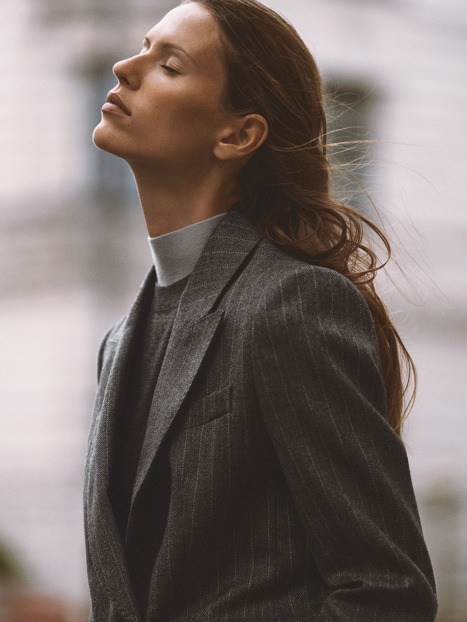 Wool Double-Breasted Pinstripe Blazer in Grey - Image 3 of 11