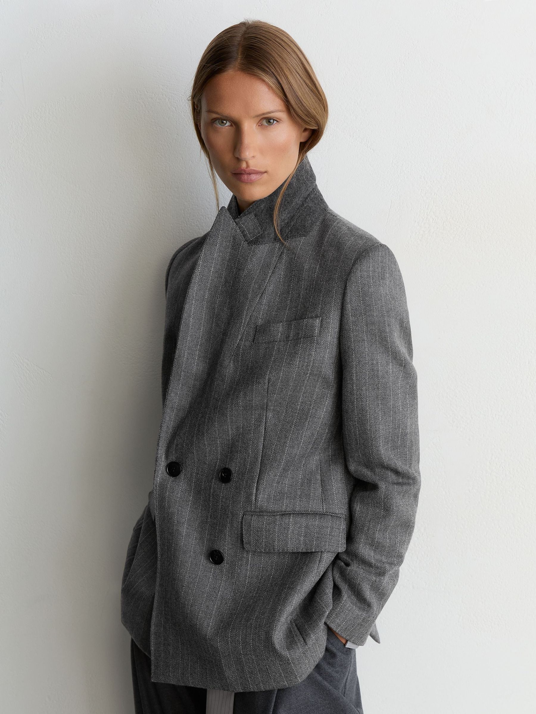 Wool Double-Breasted Pinstripe Blazer in Grey - Image 5 of 11