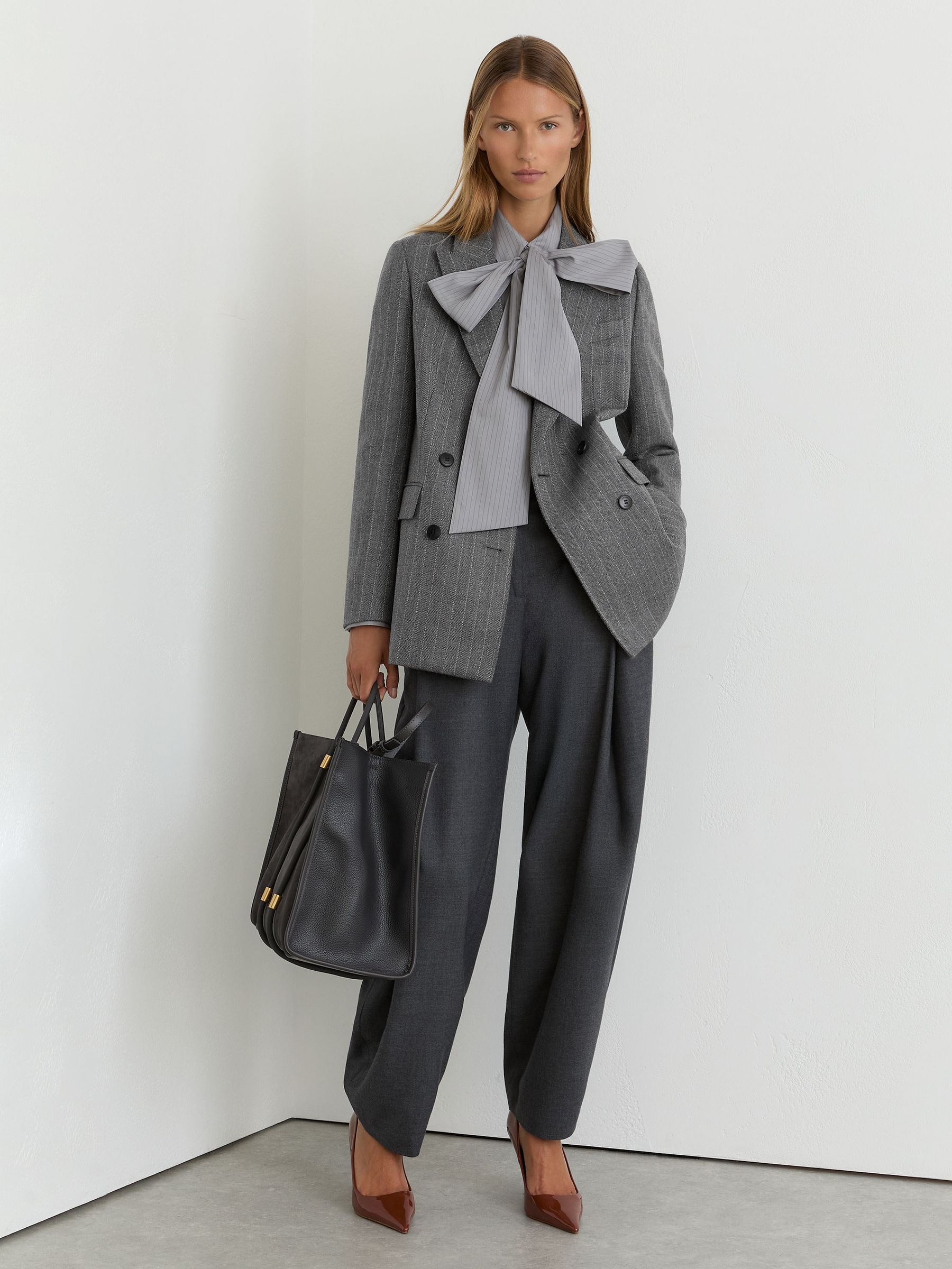Wool Double-Breasted Pinstripe Blazer in Grey - Image 6 of 11
