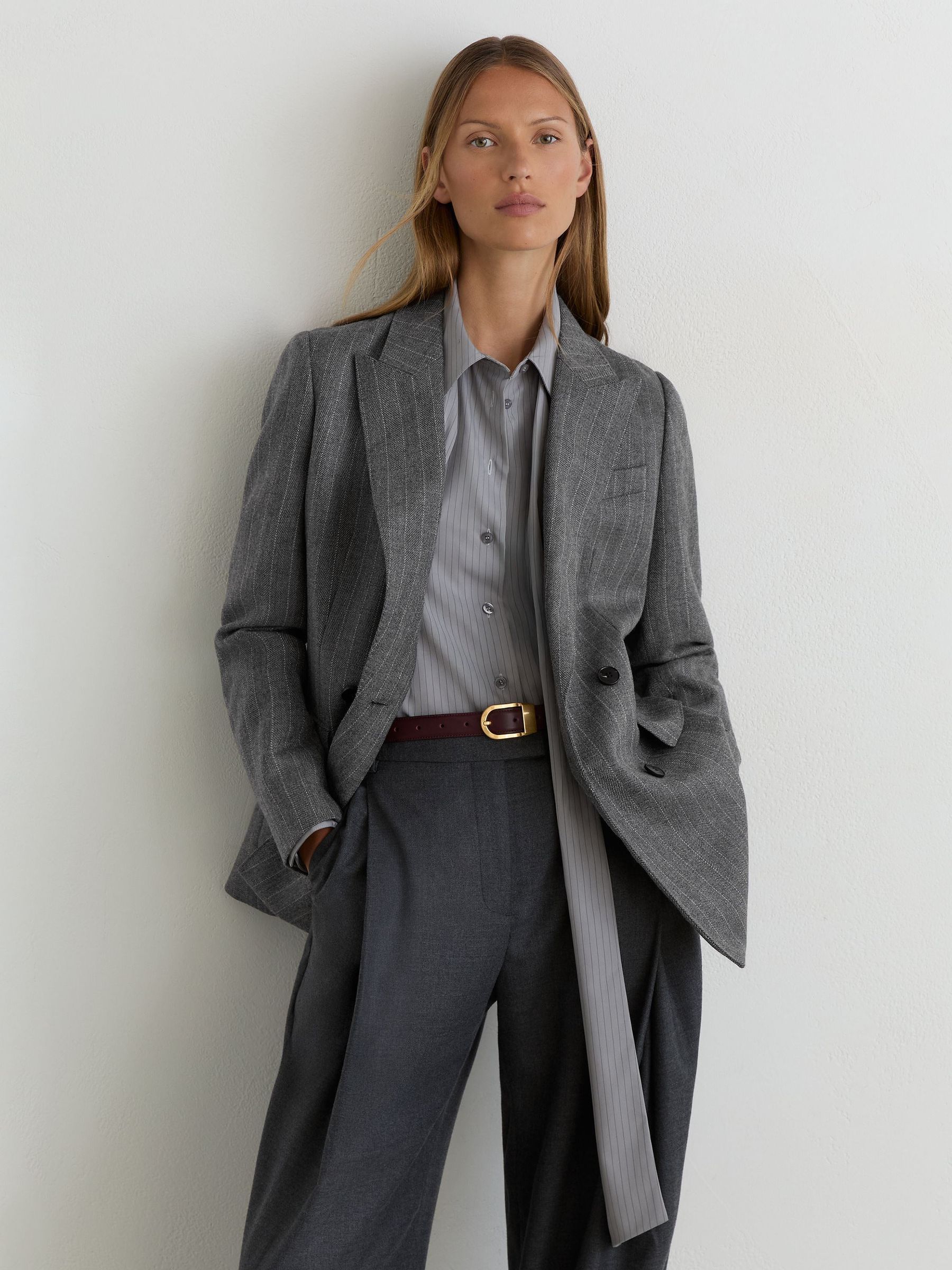 Wool Double-Breasted Pinstripe Blazer in Grey - Image 7 of 11