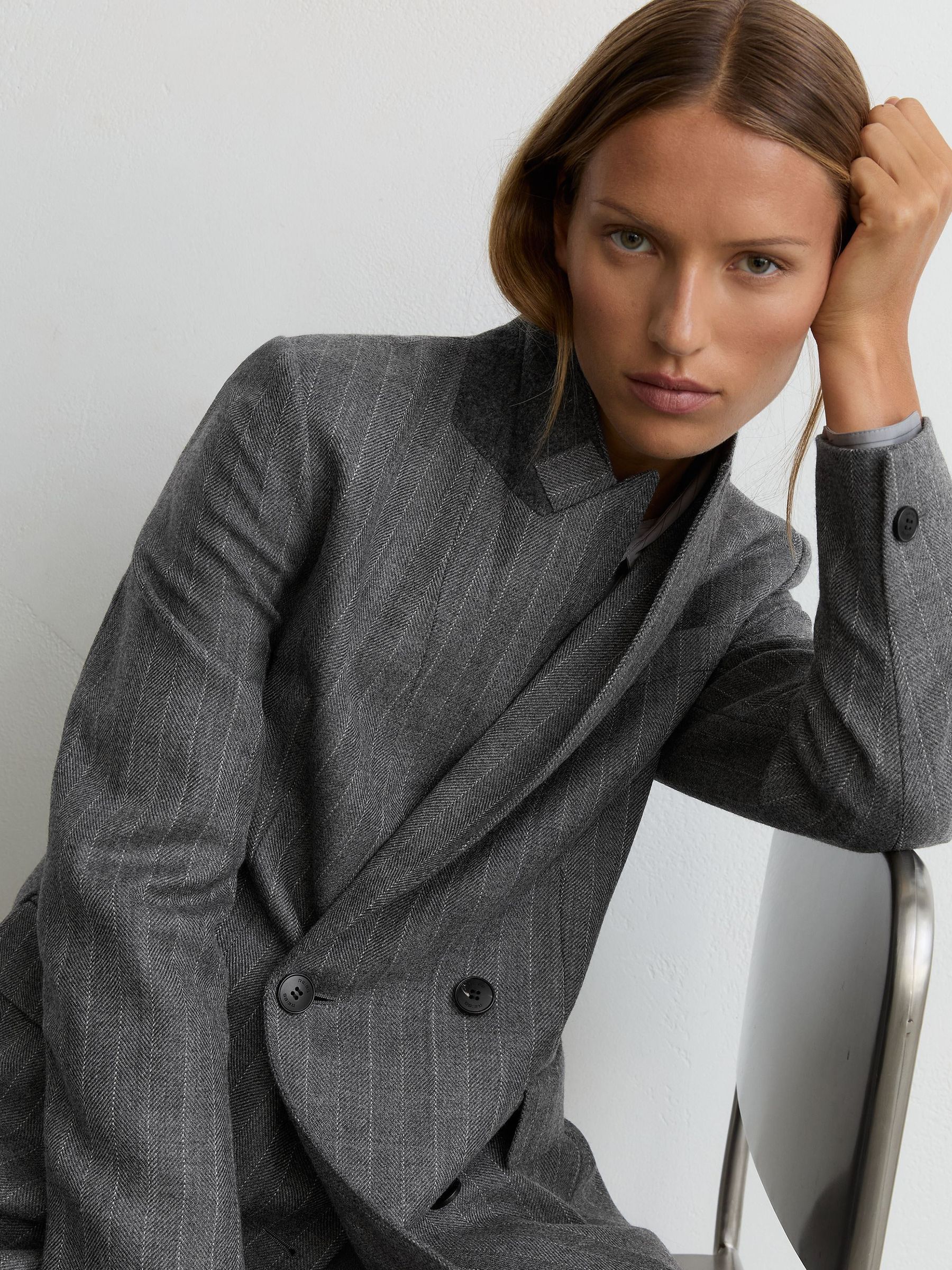 Wool Double-Breasted Pinstripe Blazer in Grey - Image 8 of 11