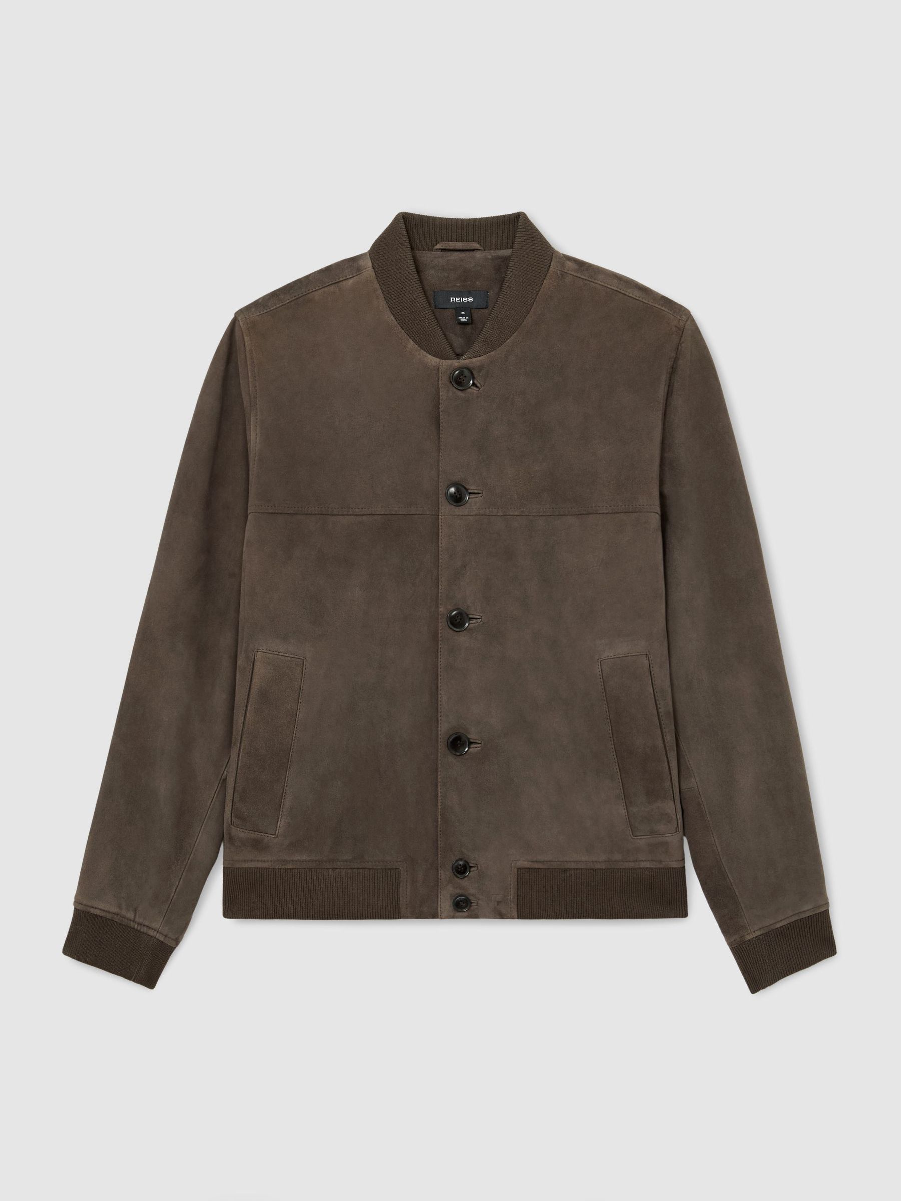 Suede Button-Through Bomber Jacket in Mushroom Brown - Image 2 of 6