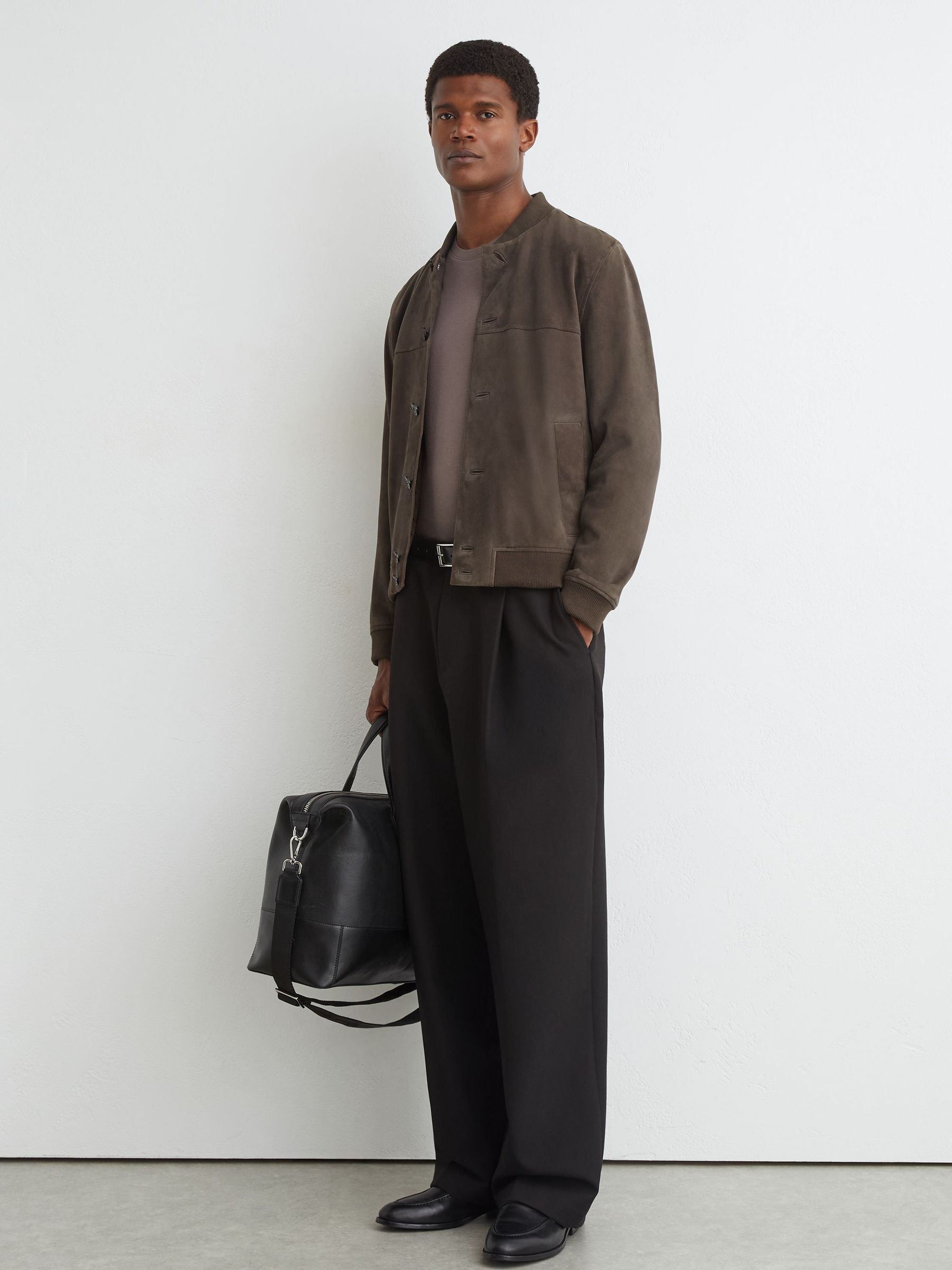 Suede Button-Through Bomber Jacket in Mushroom Brown - Image 3 of 6