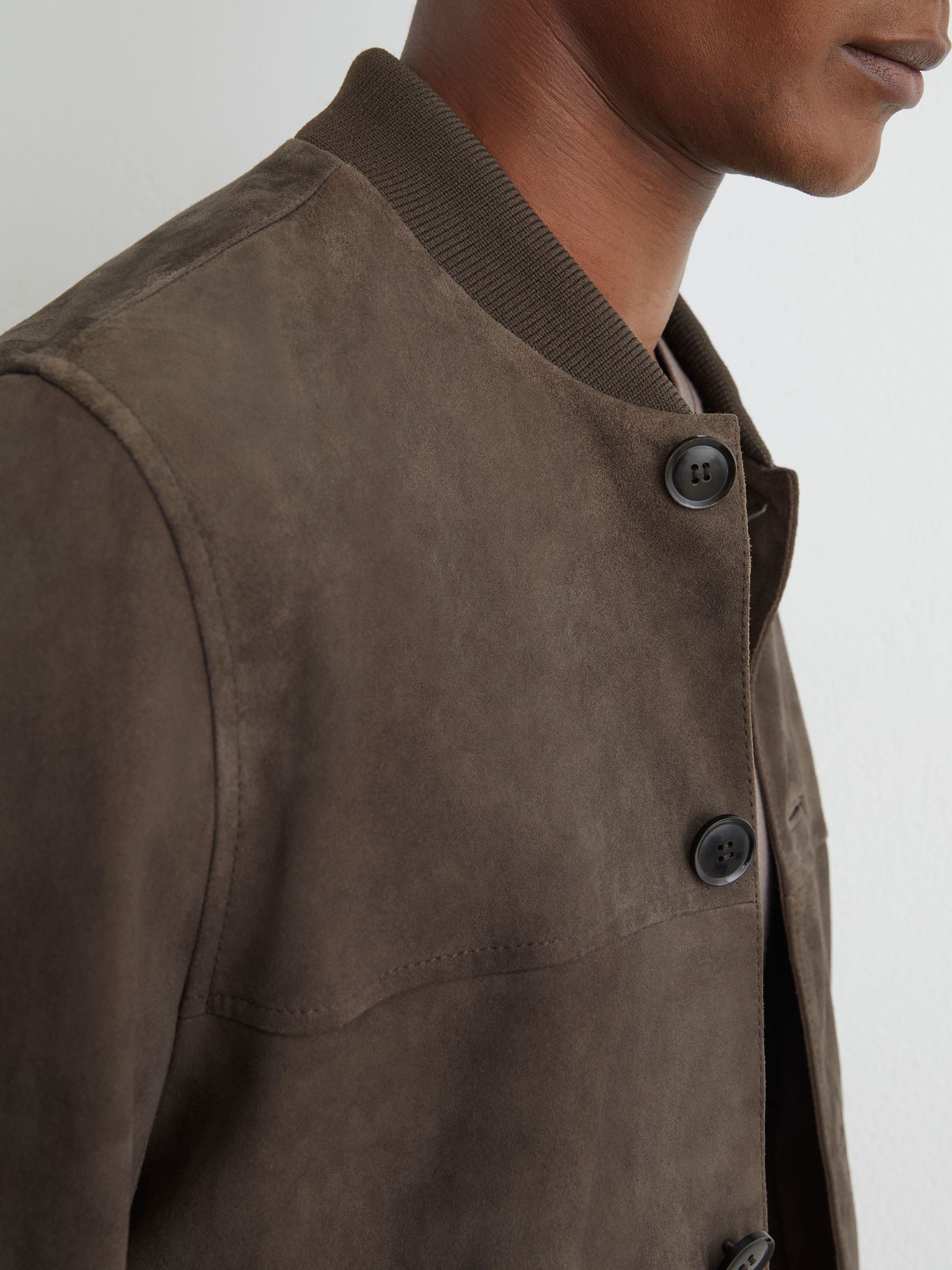Suede Button-Through Bomber Jacket in Mushroom Brown - Image 5 of 6