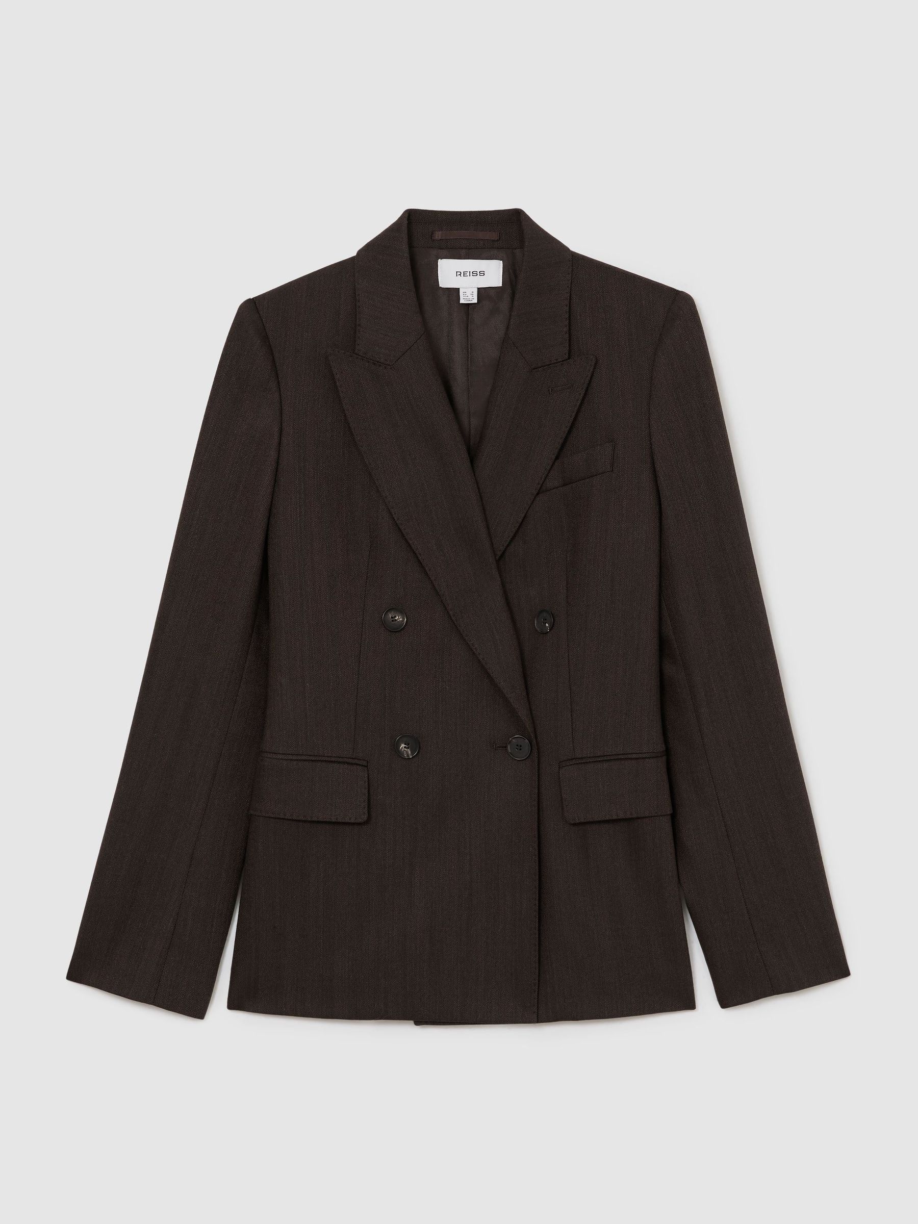 Wool-Blend Herringbone Double-Breasted Blazer in Chocolate Brown - Image 2 of 10 Wool-Blend Herringbone Double-Breasted Blazer in Chocolate Brown - Image 2 of 10