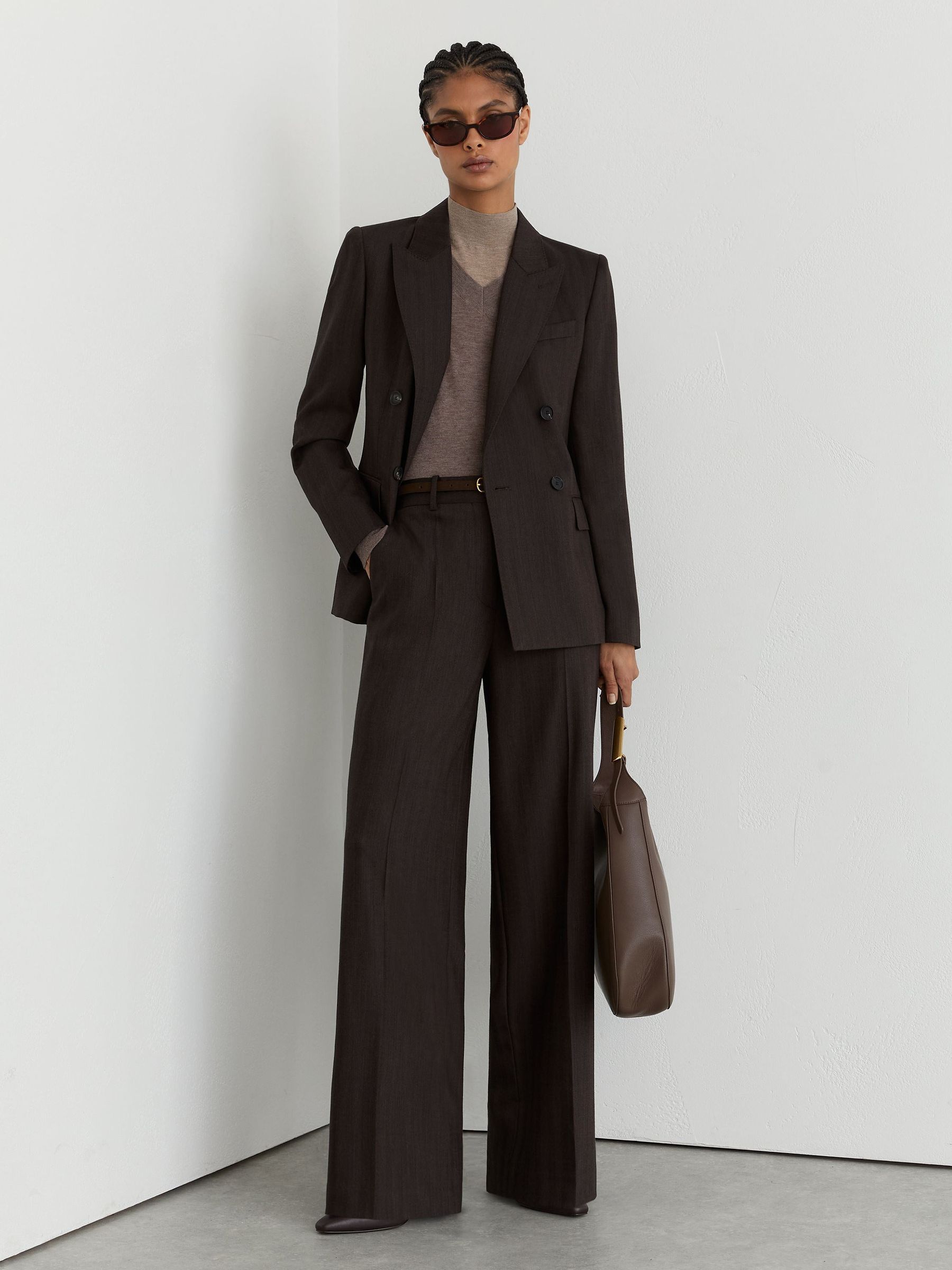 Wool-Blend Herringbone Double-Breasted Blazer in Chocolate Brown - Image 3 of 10